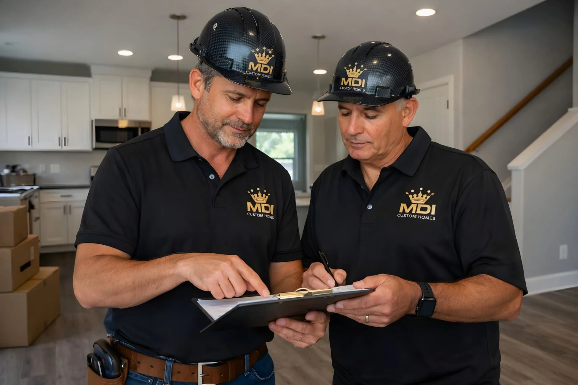 final residential construction inspection with MDI Custom Homes contractor and building inspector reviewing project closeout documents inside newly completed home