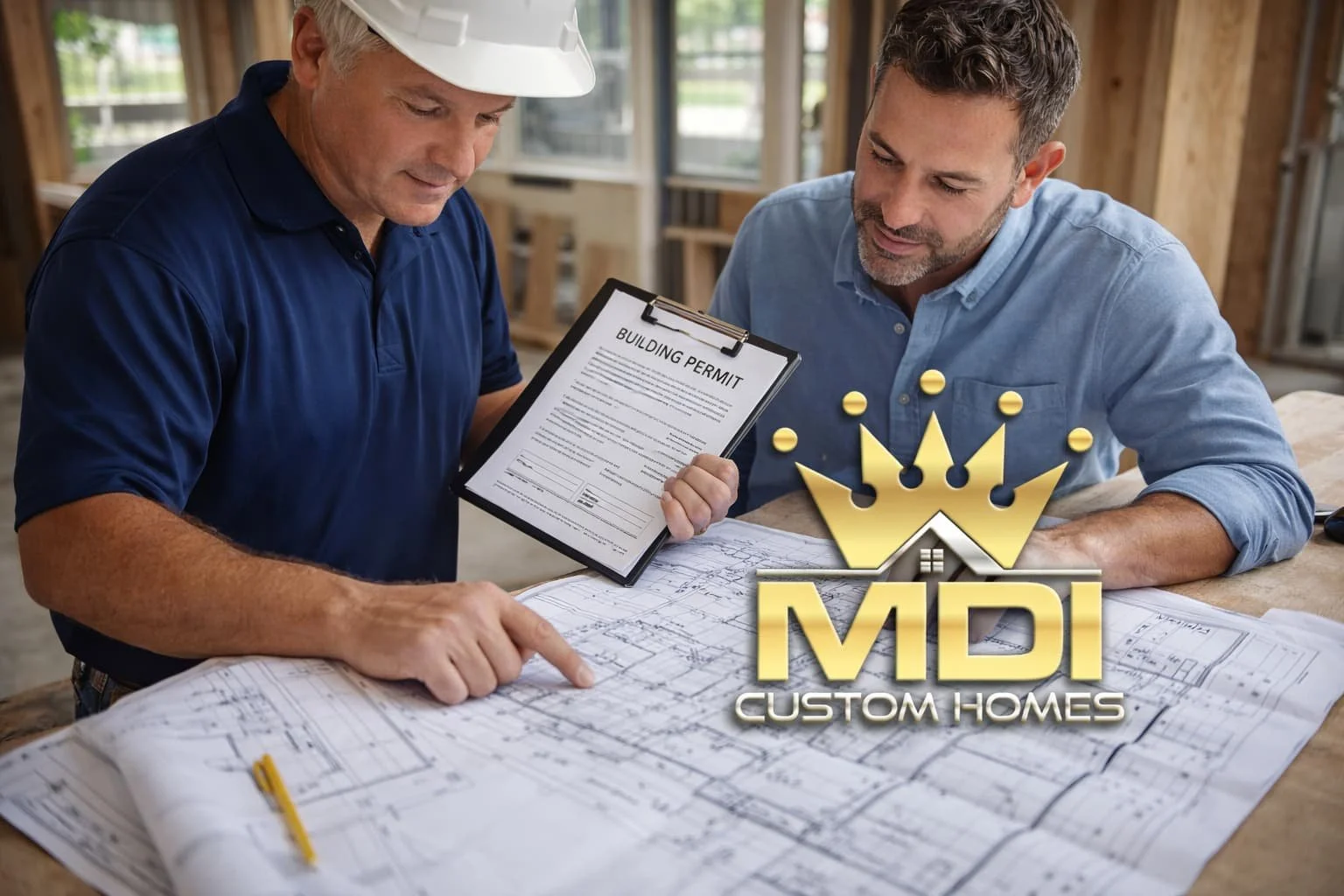 Licensed contractor reviewing residential building plans and permit documents with homeowner during remodeling project – MDI Custom Homes Pinellas County