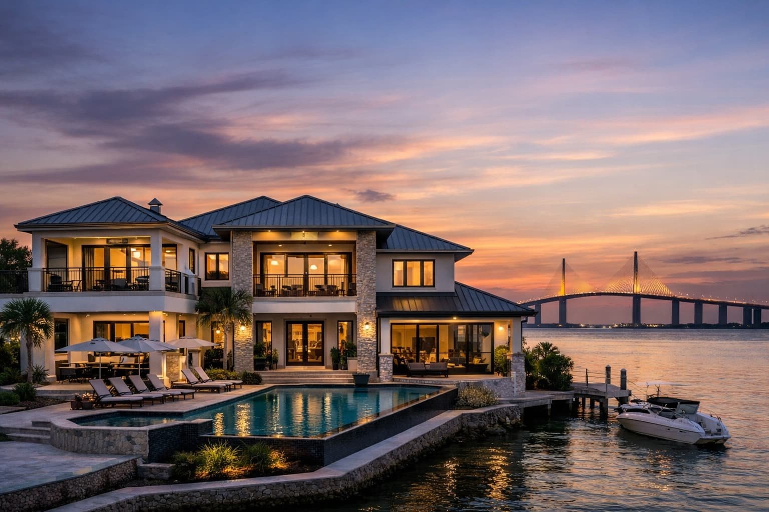 Custom luxury home in Tierra Verde, Florida with the Sunshine Skyway Bridge in the background
