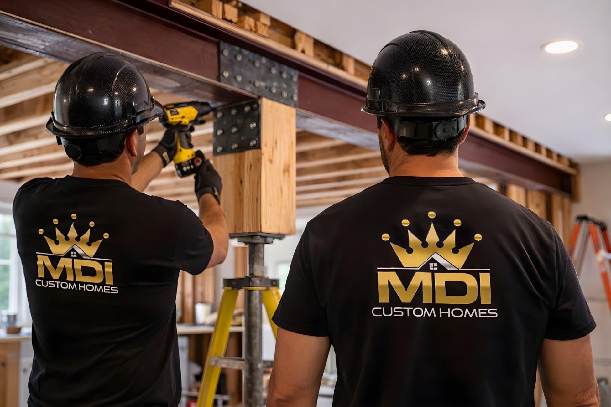 Structural beam installation by MDI Custom Homes during load-bearing wall modification  Brand-Forward (still safe)