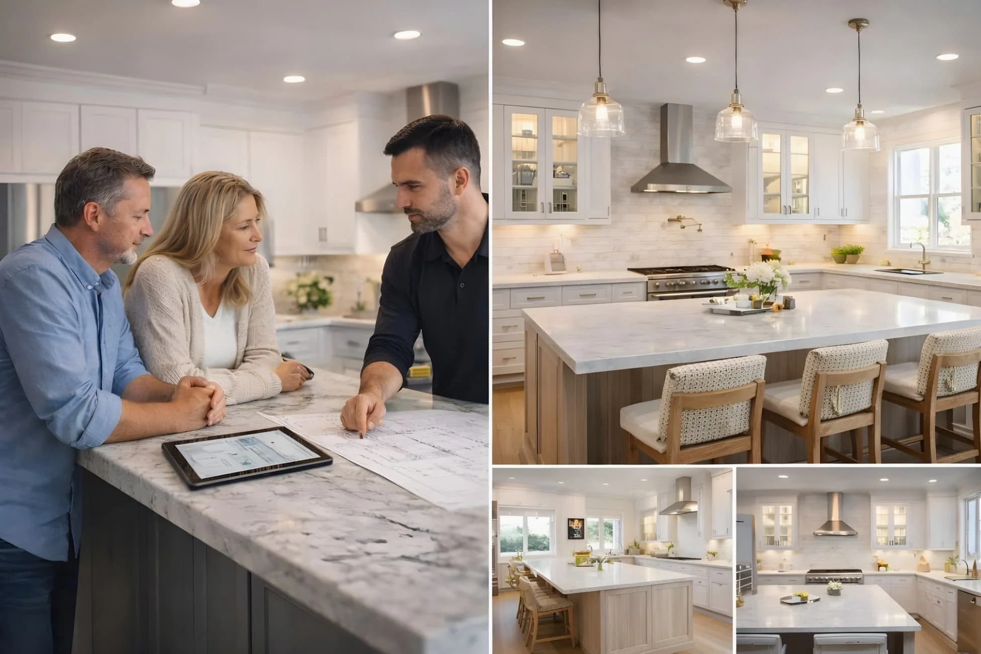 Design-build kitchen contractor planning a luxury coastal kitchen with custom cabinetry and high-end finishes