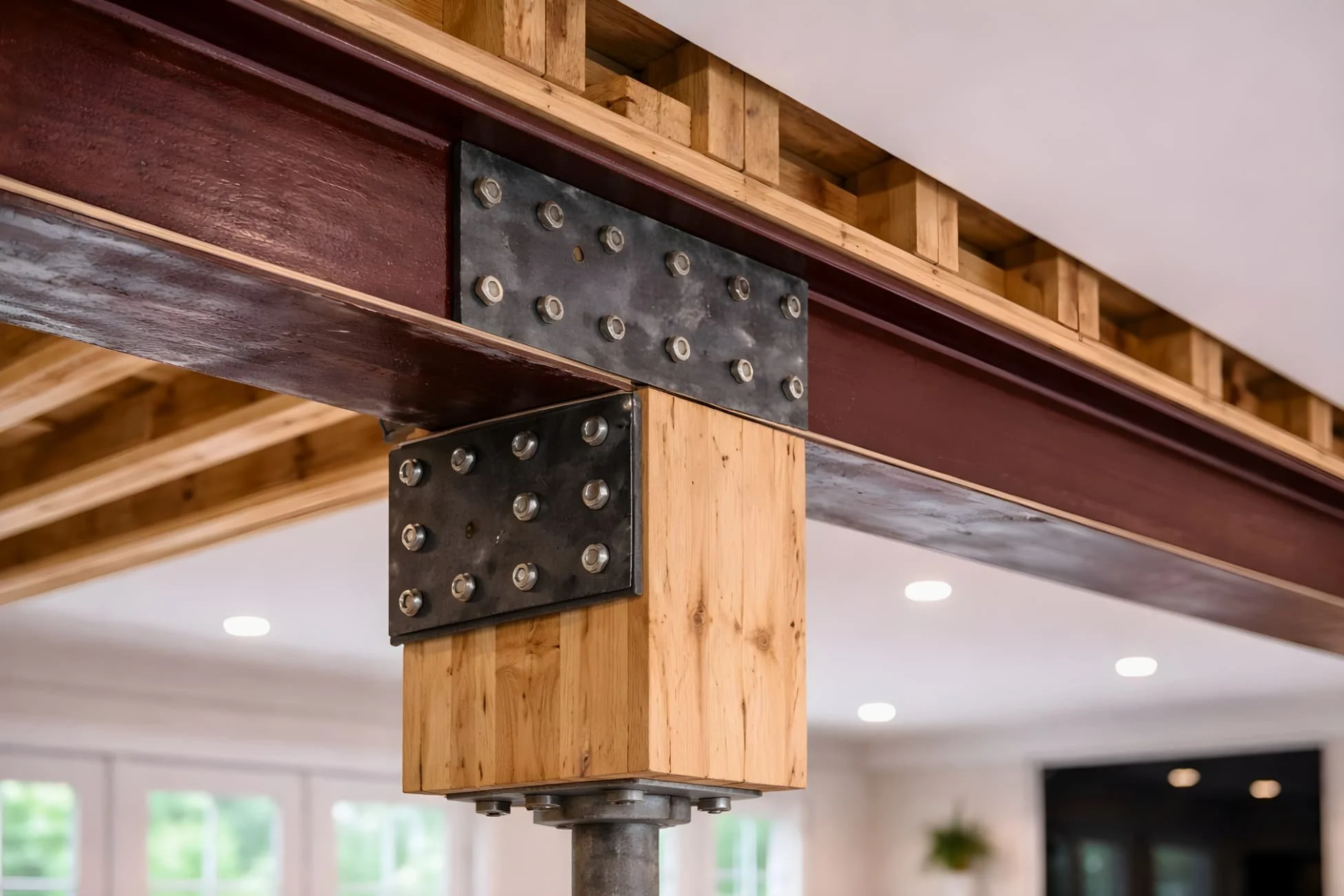 Structural steel beam connection with engineered hardware and load-bearing post