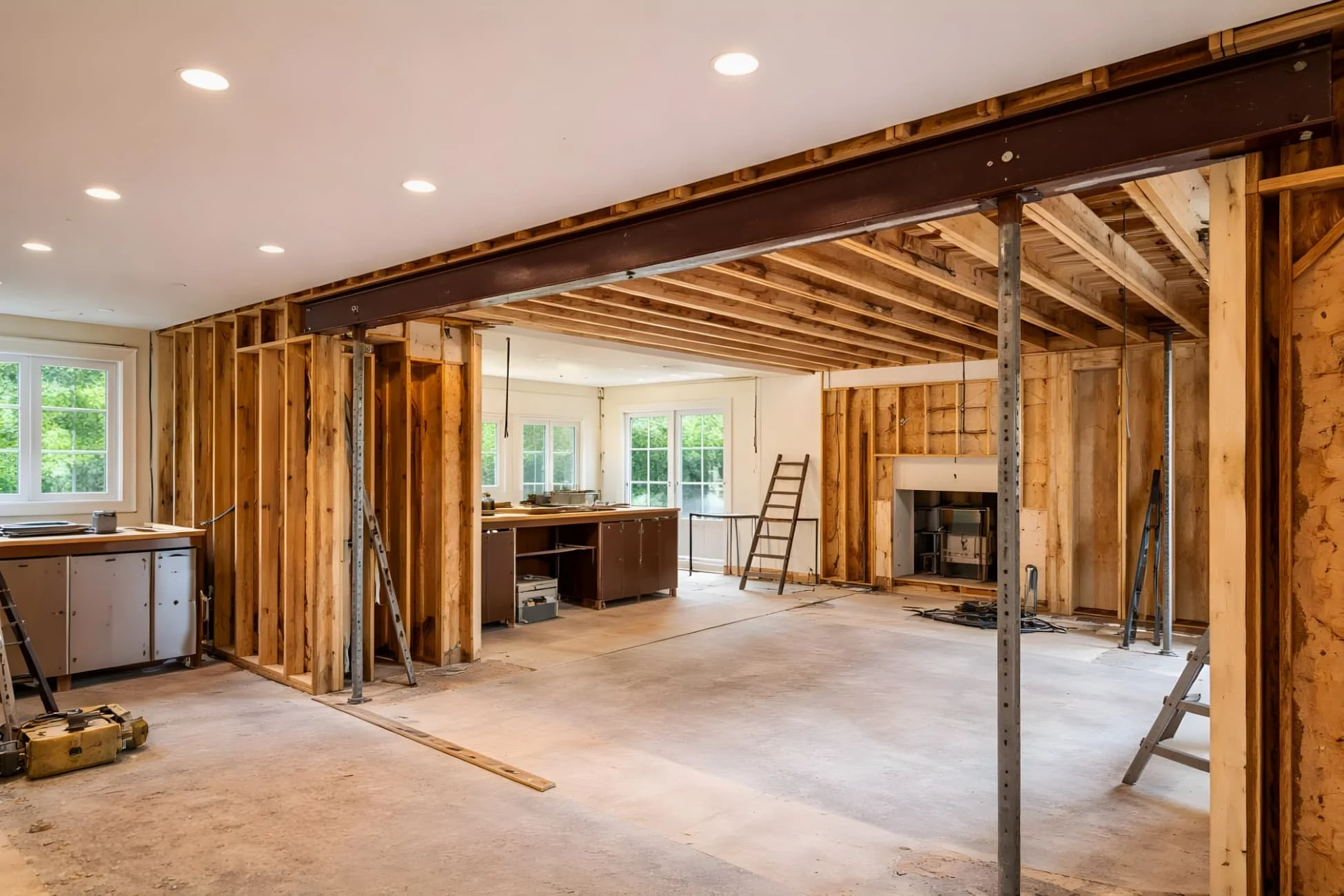 Load-bearing wall removal with steel beam installation during structural home renovation