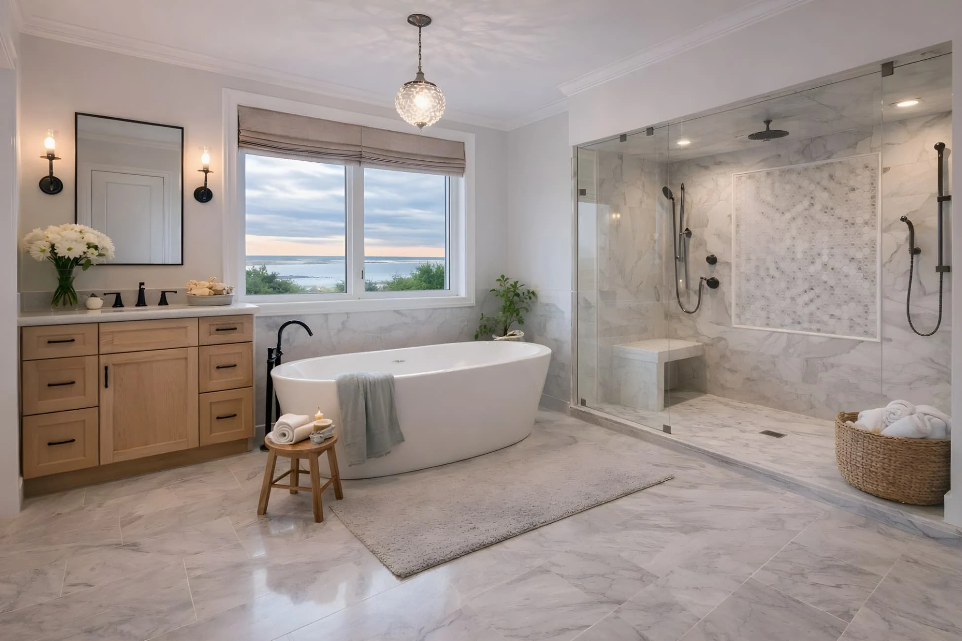 Luxury bathroom remodel with freestanding tub and walk-in glass shower