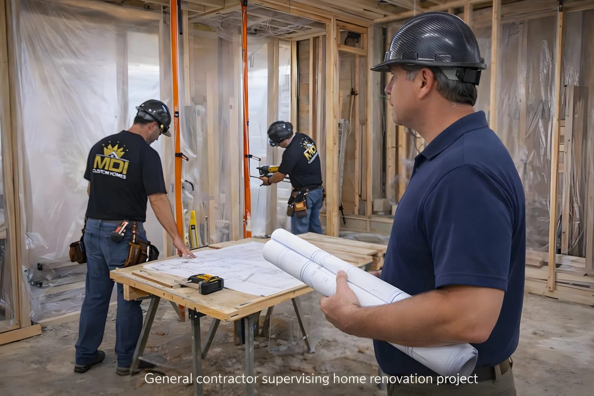 General contractor reviewing plans while crew performs interior home renovation