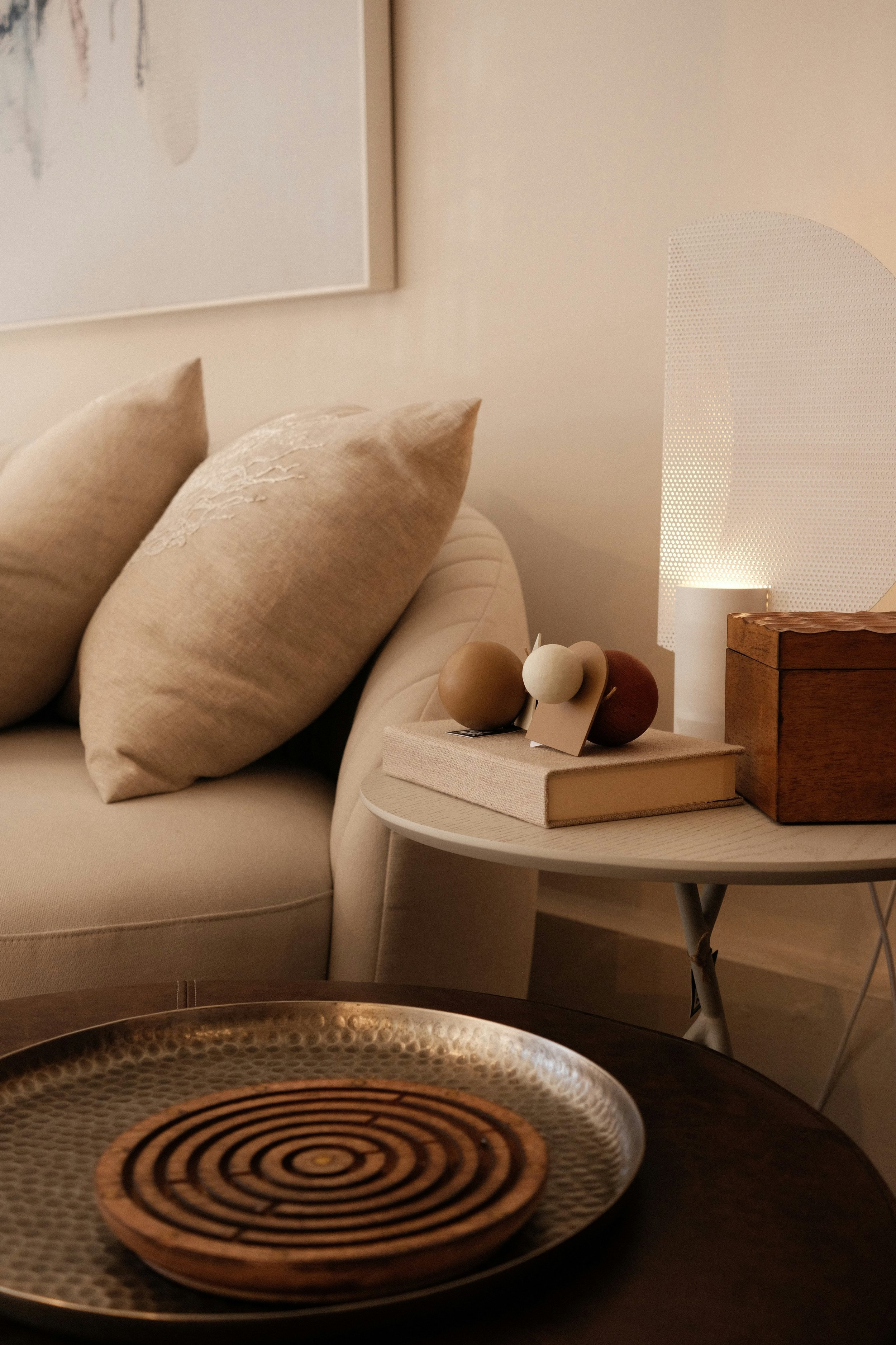 Cozy living room couch representing the comfort of online therapy from home