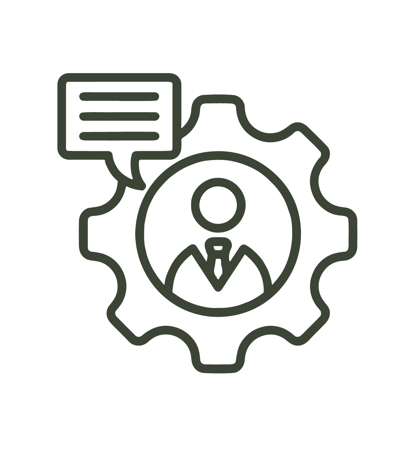Line drawing of a gear with a person icon in the center, a speech bubble with lines representing text coming from the gear, symbolizing communication or management.