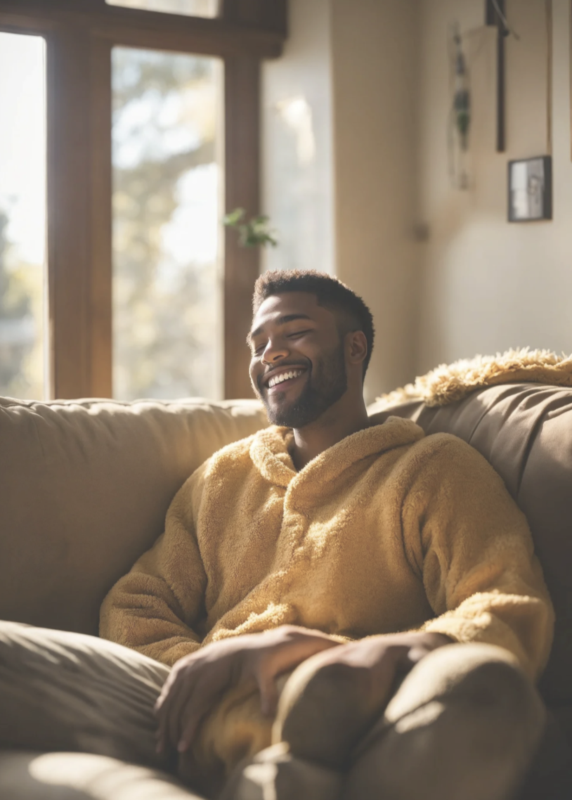 A young man with a beard and short hair smiling and sitting on a beige sofa in a sunlit living room, wearing a yellow fleece hoodie.