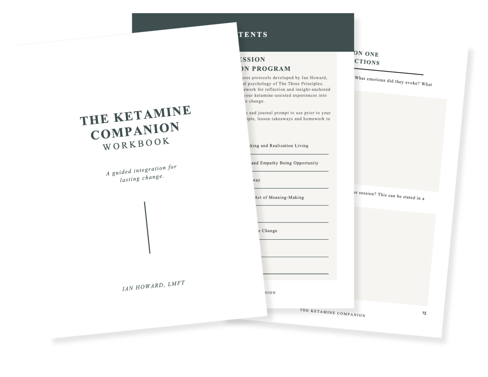 Cover page of 'The Ketamine Companion Workbook' by Ian Howard LMFT, with internal pages visible showing details of a guided integration program.