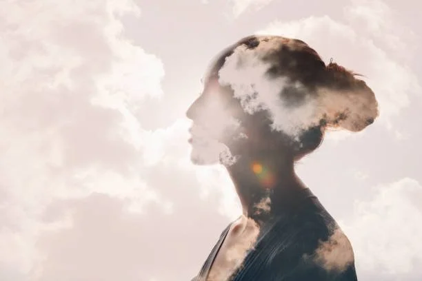 Silhouette of a woman with a cloud-filled sky and sun reflection superimposed over her profile.