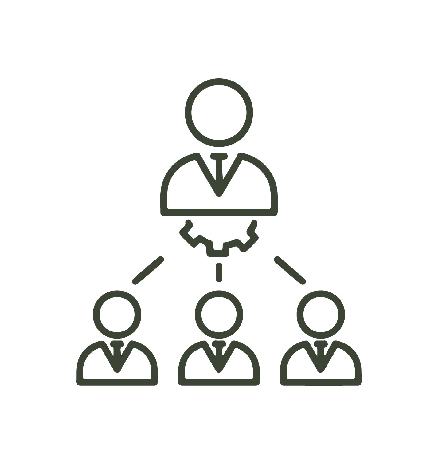Line drawing of a manager or leader overseeing three team members, connected by lines, with a gear symbol above the middle person.