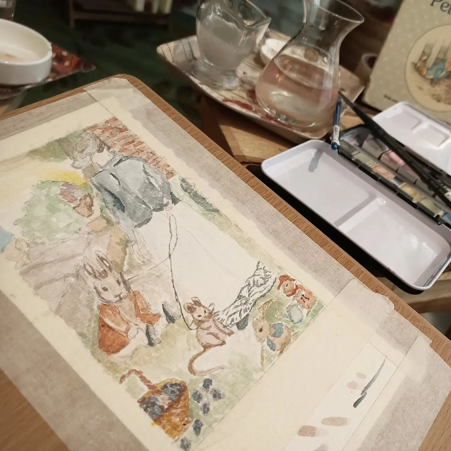 We love our little garden,
And tend it with such care,
You will not find a faded leaf 
Or blighted blossom there.
~ Beatrix Potter, Cecily Parsley's Nursery Rhymes~
Re-imagining her iconic photo with Benjamin Rabbit.