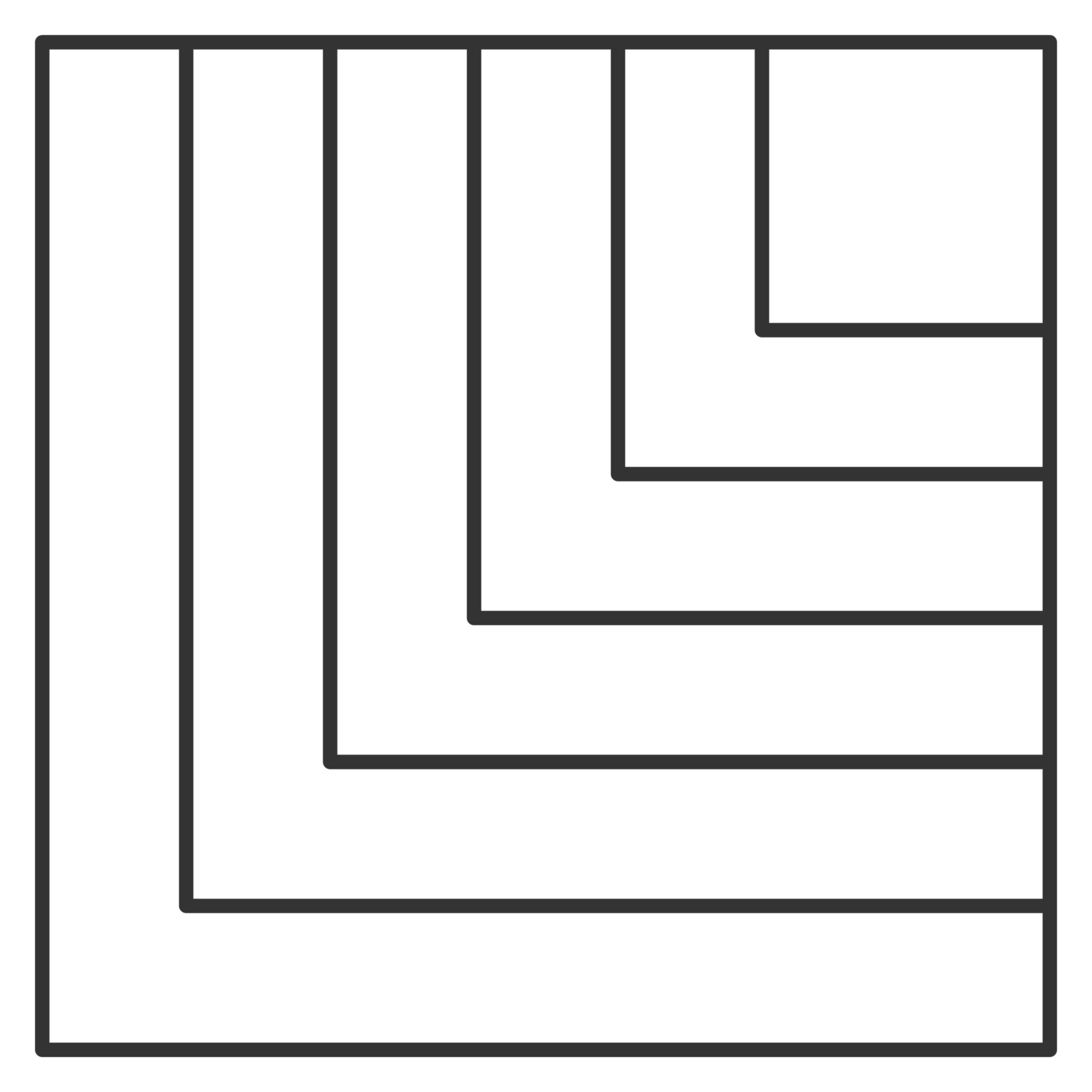 Outline of a shelving unit with multiple shelves, arranged in a spiral pattern from smallest at top to largest at bottom.