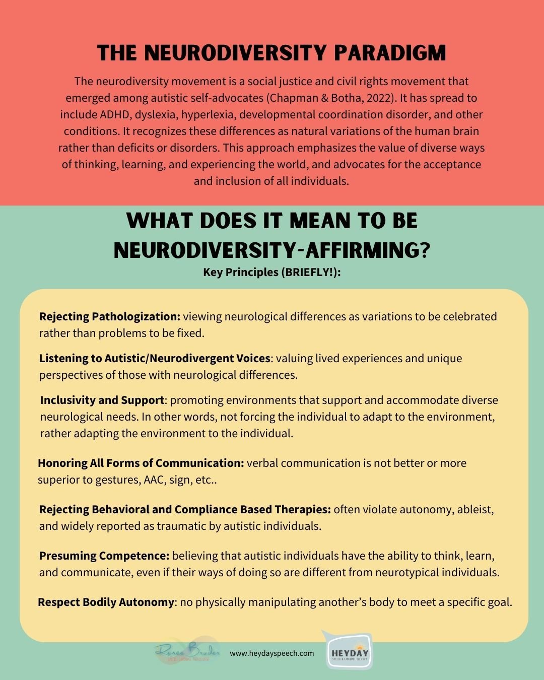 This is very brief summary, but we can dive into each principle in upcoming posts. Feel free to add to this list!

#neurodiversityaffirming #therapistneurodiversitycollective #ndaslp #autism #neurodiversity #speechtherapist