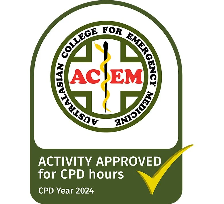 Badge for Australian College for Emergency Medicine indicating activity approved for CPD hours in 2024, with a medical emblem and a yellow check mark.