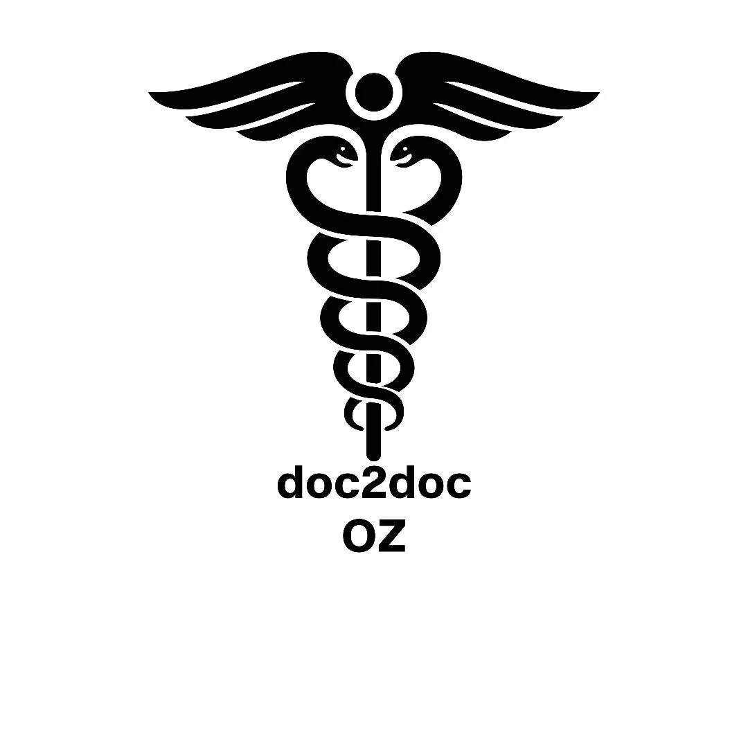 A medical symbol featuring the caduceus with two snakes entwined around a staff, wings at the top, and the text 'doc2doc OZ' below.