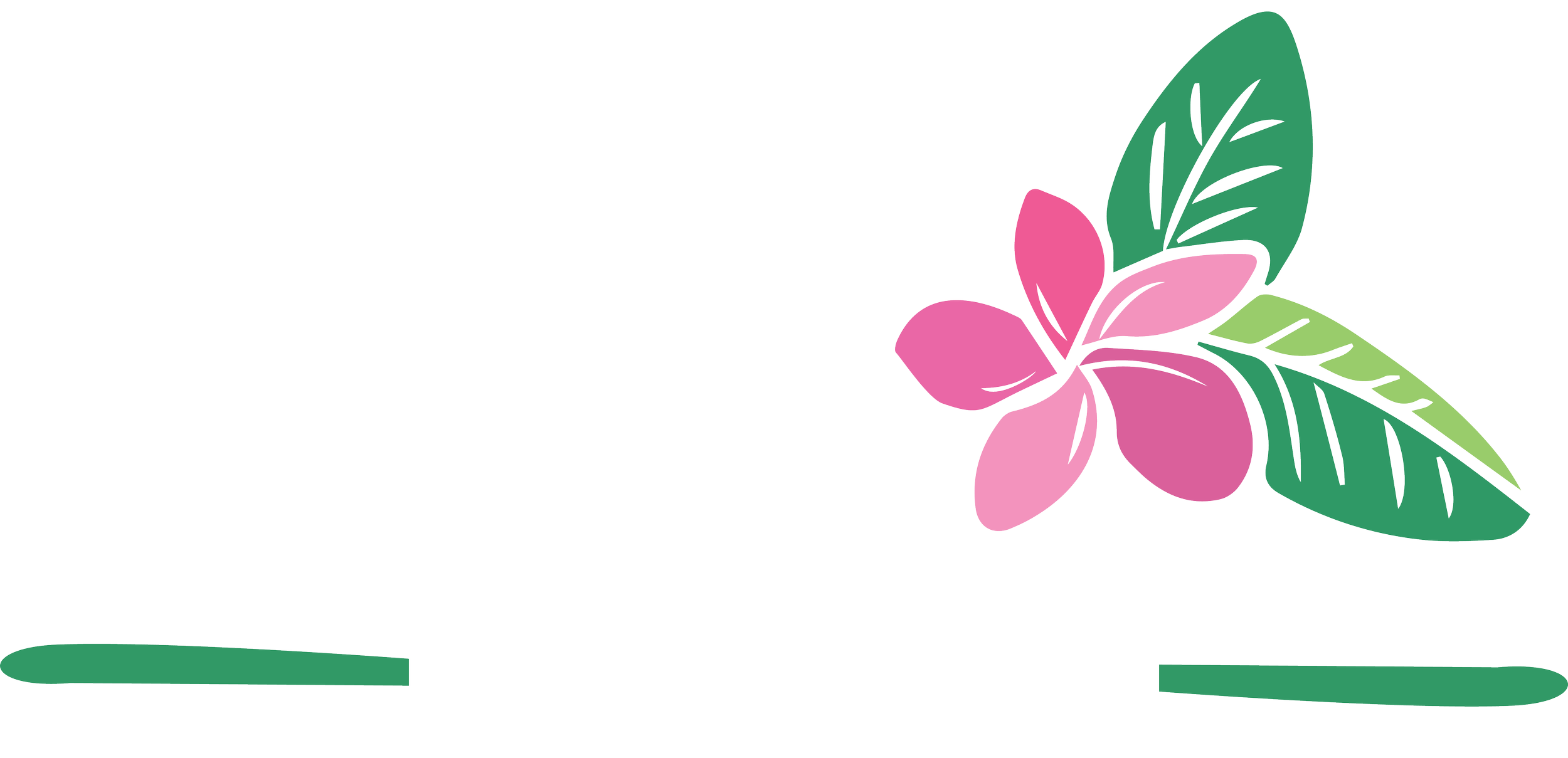 Stylized text with a tropical theme, featuring a large white letter 'T' on the left, a pink and purple flower with green leaves on the right, and green lines underneath, representing a tropical or floral design.