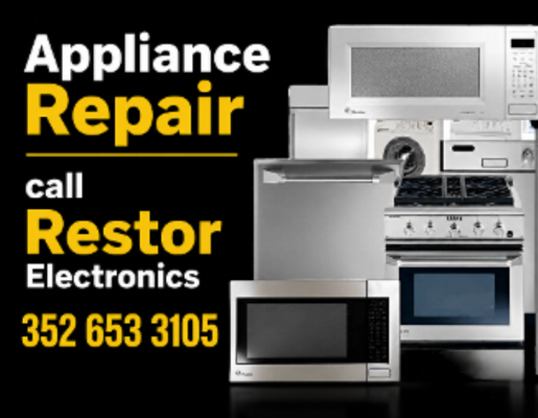 Publicidad de reparación de electrodomésticos con imágenes de microondas, estufa, refrigerador, lavadora y horno, y texto en inglés y español con información de contacto.