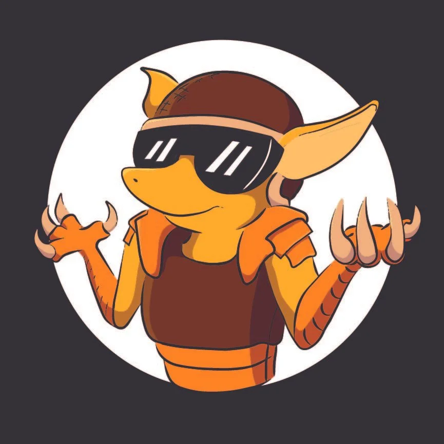 A cartoon armadillo with sunglasses raising their arms up in an "I don't know" posture.