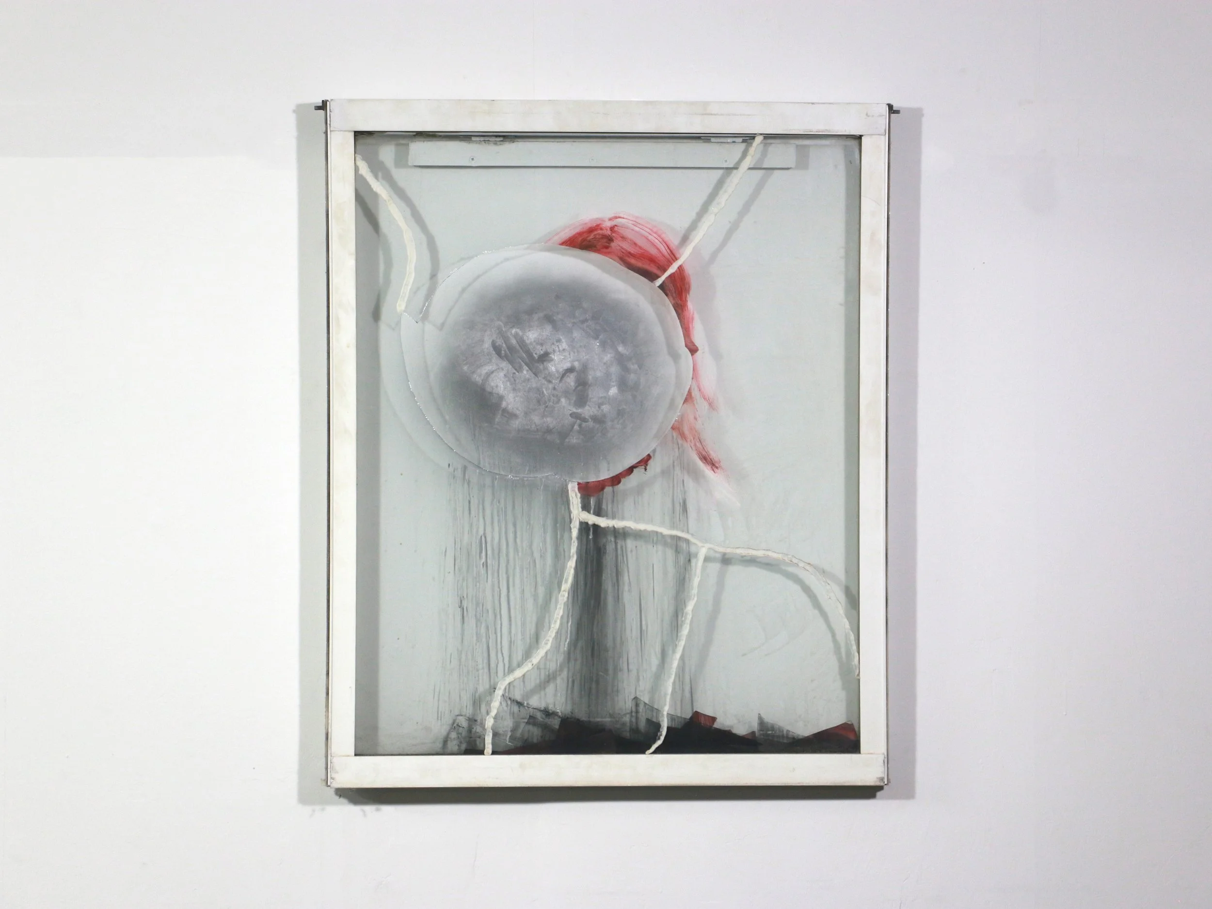 "Shattered portrait" (the first window)
found window, glass, oil paint, charcoal, spray paint, caulking
28 x 2 x 34in
