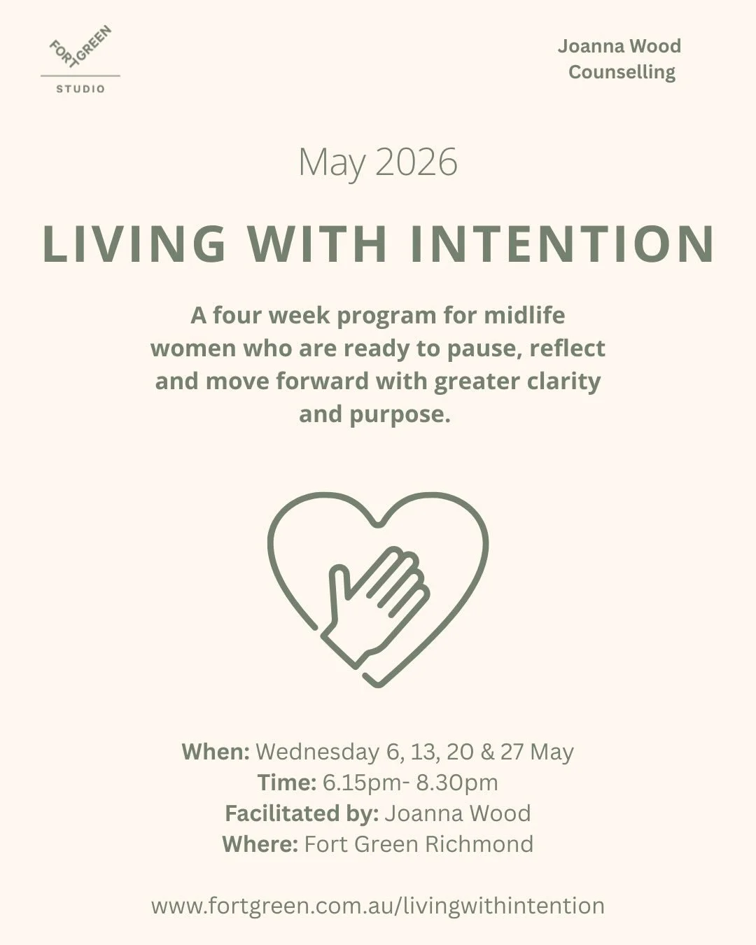 Living with Intention- A  mindful program for midlife women, who are ready to reconnect and move with purpose 🤍

Join the warm and nurturing Joanna Wood on this empowering 4 week journey to create simple &amp; sustainable practices to reconnect with