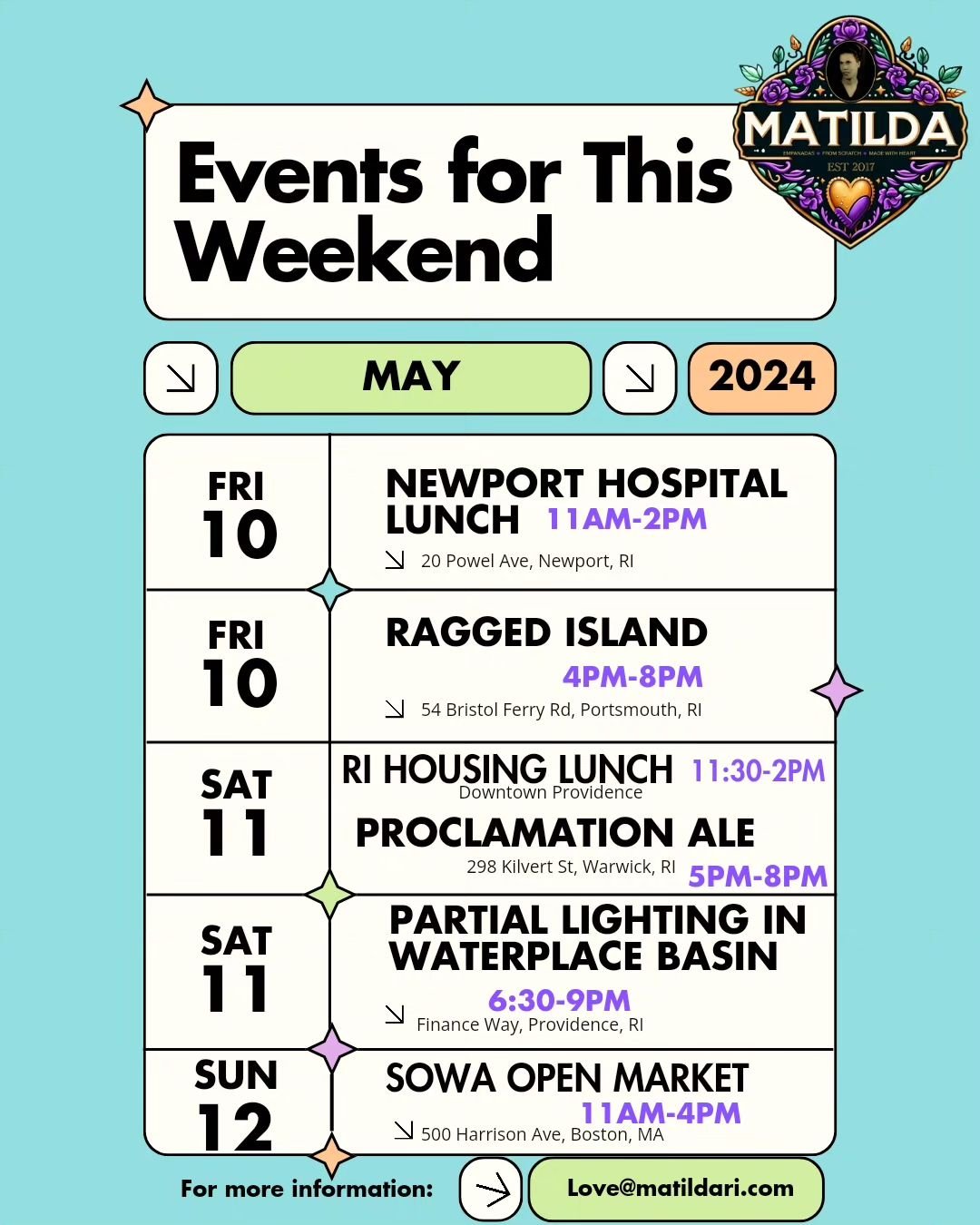 Get ready for an epic weekend line-up! 🌟 We kicked things off with a double event on Friday-Newport Hospital 11am-2pm, followed by Ragged Island 4pm-8pm. 

We're gearing up for a triple dose of fun. Saturday starts in Downtown Providence with a lunc