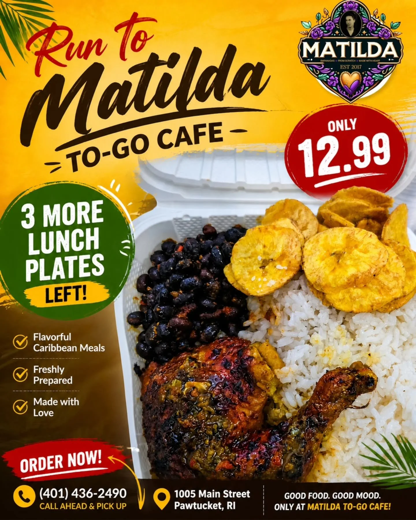 🚨 Only 3 Lunch Plates Left! 🚨
Run to Matilda To-Go Cafe before they&rsquo;re gone! 🔥🍗🍚
Today&rsquo;s special: juicy roasted chicken, white rice, black beans, and side of plantains🤤
Only $12.99!
📍1005 Main Street, Pawtucket, RI
📞 (401) 436-249