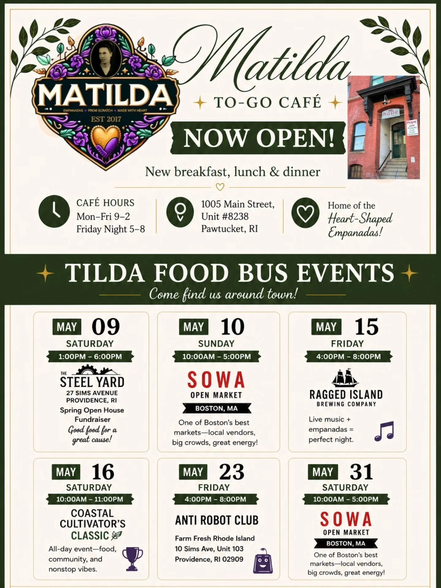 We&rsquo;re OPEN 🤍
Matilda To-Go Caf&eacute; is ready for you ✨

Catch the Tilda Food Bus at our upcoming events 🚐
📍 Pawtucket | Mon&ndash;Fri 9&ndash;2, Fri nights 5&ndash;8

#MatildaCafe #PawtucketEats #RIEats #NowOpen