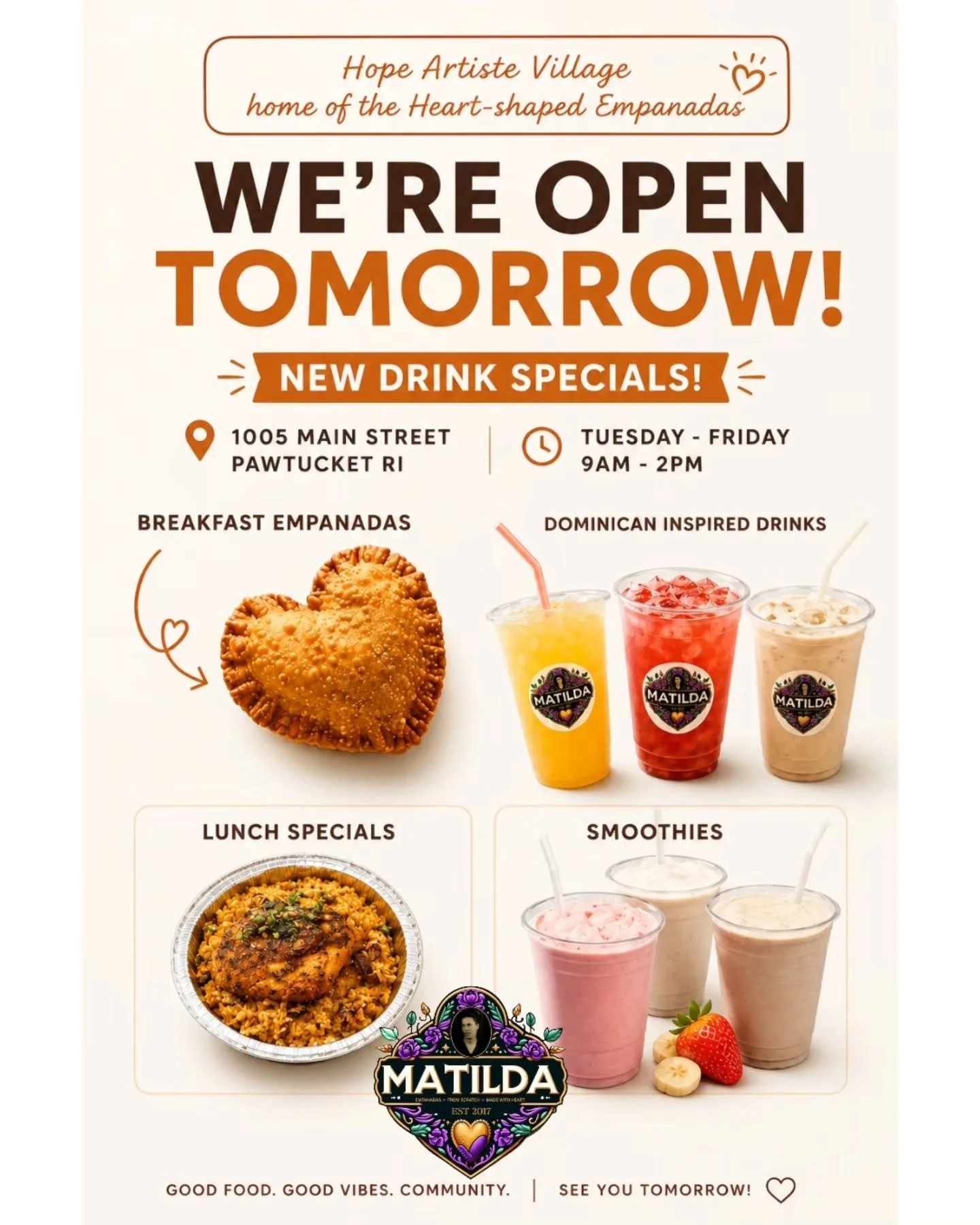 Breakfast, lunch &amp; refreshing drinks all week long 🤎
Come visit us at 1005 Main Street, Pawtucket, RI
Tuesday&ndash;Friday | 9AM&ndash;2PM
Home of the famous heart-shaped empanadas 🫶