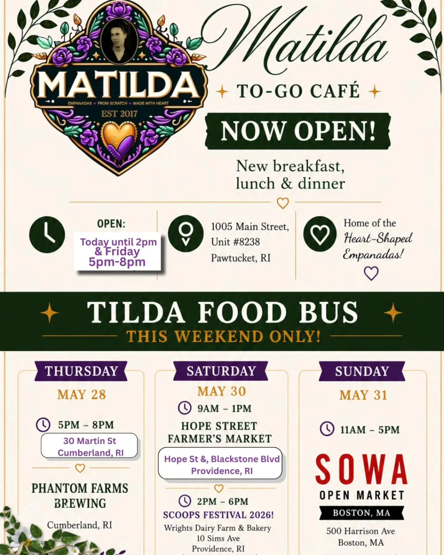 Oops 😅 Updated schedule &mdash; the last one had the wrong dates!

Today we&rsquo;ll be at Phantom Farms Brewing 🍻
Saturday we&rsquo;ve got a double feature 👀
Sunday catch us at SoWa Open Market ☀️

See you soon 🤍