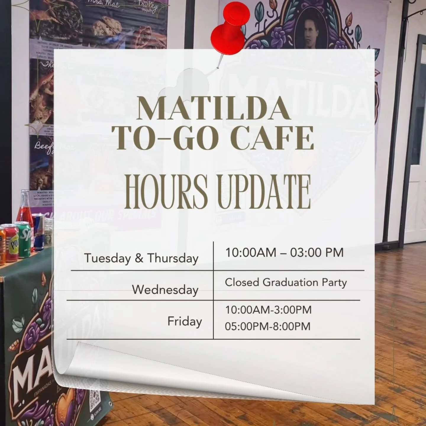 A quick update for the week ahead! ✨

We'll be serving up your favorite empanadas:
❤️Tuesday &amp; Thursday | 10 AM &ndash; 3 PM
🎓 Wednesday | Closed for a graduation catering event
❤️Friday | 10 AM &ndash; 3 PM &amp; 5 PM &ndash; 8 PM

Stop by, gra