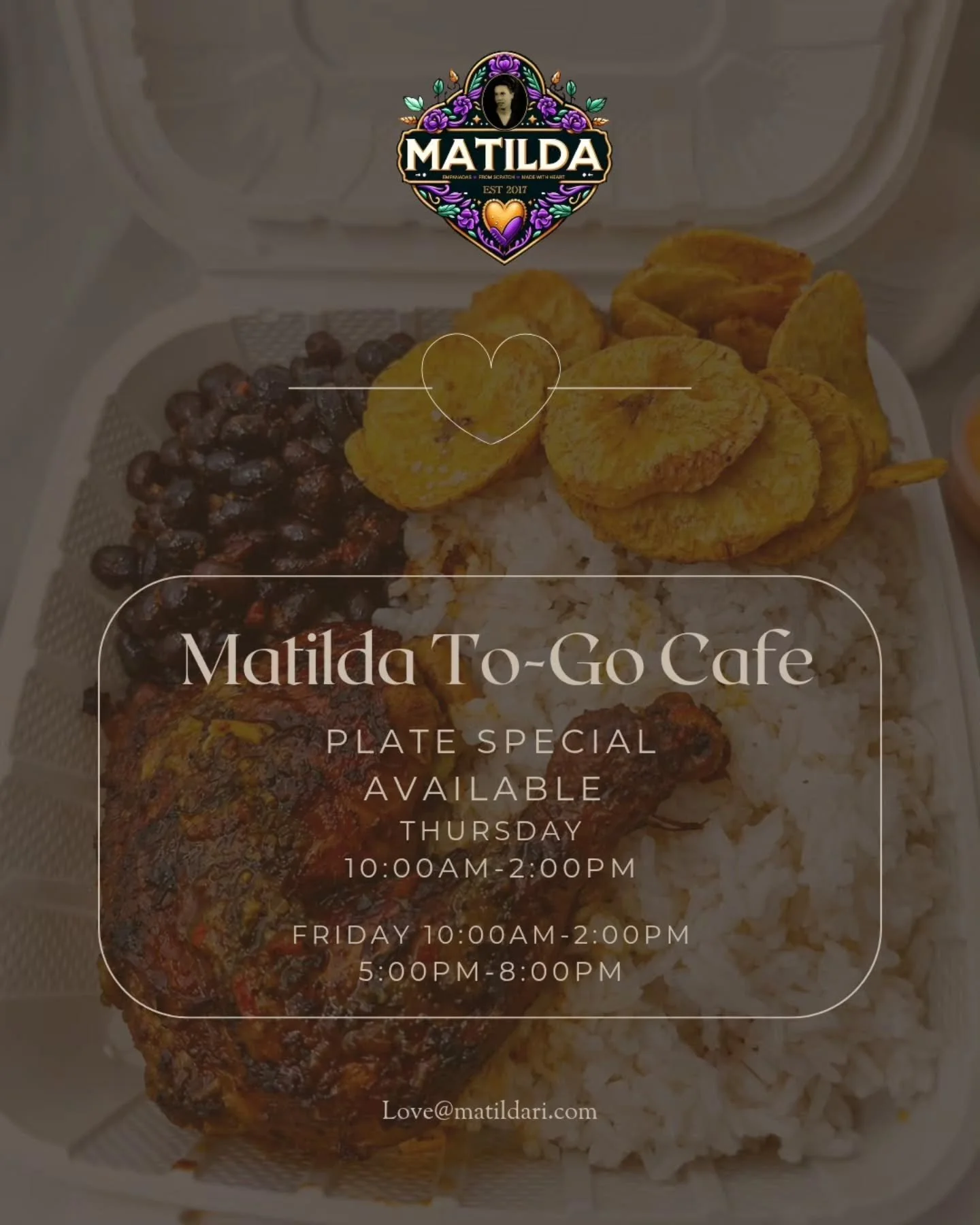 Matilda To-Go Cafe is OPEN Tomorrow and Friday ! 💜

Stop by and enjoy your favorite empanadas and homemade specials!

🕙 Open Thursday 10:00 AM &ndash; 2:00 PM
FRIDAY 10:00AM-2:00PM ALSO 5:00PM-8:00PM 

We look forward to seeing you!