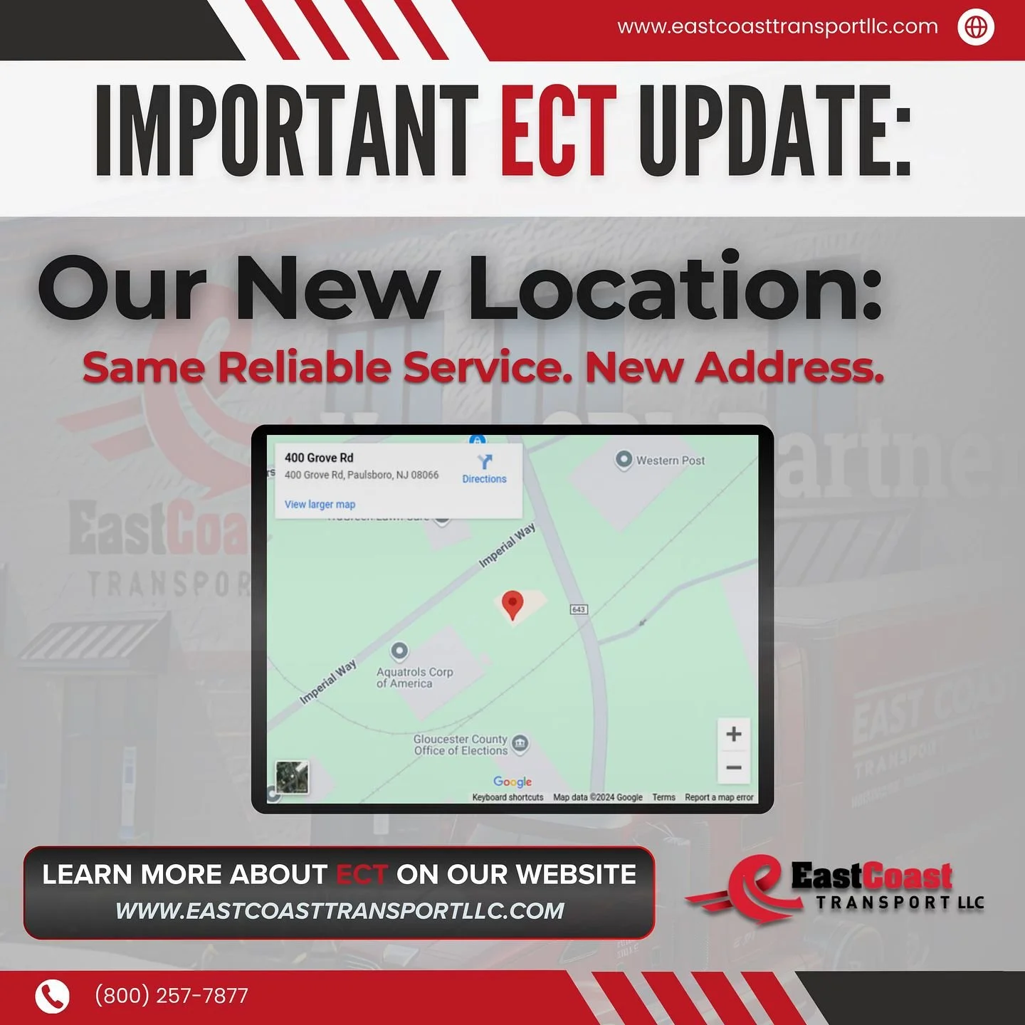🚛 Important Update from East Coast Transport! 🌟
We&rsquo;ve officially moved! To continue providing you with the best service, East Coast Transport has updated our address.

Our new location is:
📍 400 Grove Rd, West Deptford, NJ 08086

We are no l