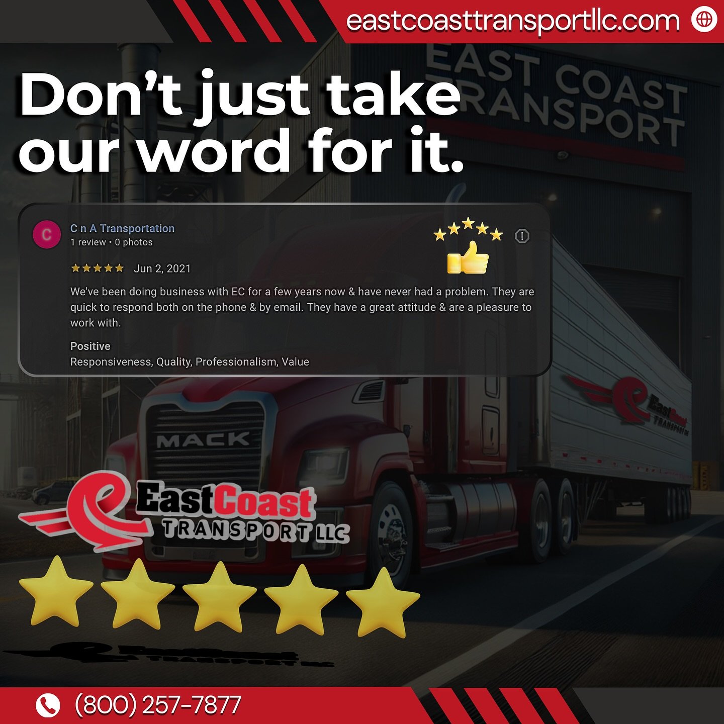 Our clients say it best! 🌟 Don&rsquo;t just take our word for it&mdash;check out our 5-star reviews on our Google Business Profile. Let us deliver the same excellence for you. Get a quote today at eastcoasttransportllc.com/freight-quote 🚛✨ We&rsquo