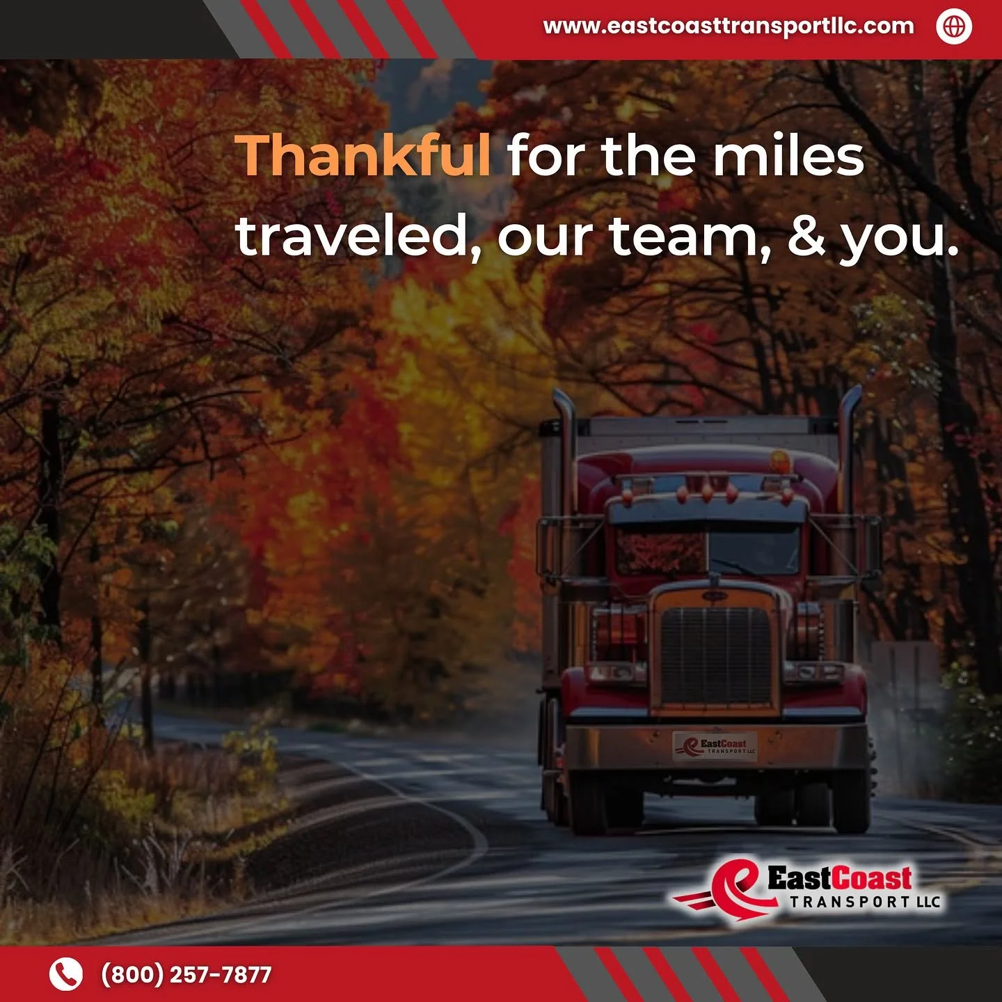 Happy Thanksgiving from all of us at East Coast Transport! 🍂🦃 

Today, we&rsquo;re grateful for our dedicated team, trusted partners, and incredible clients who keep us moving forward every day. Here&rsquo;s to the journey, the miles, and the conne