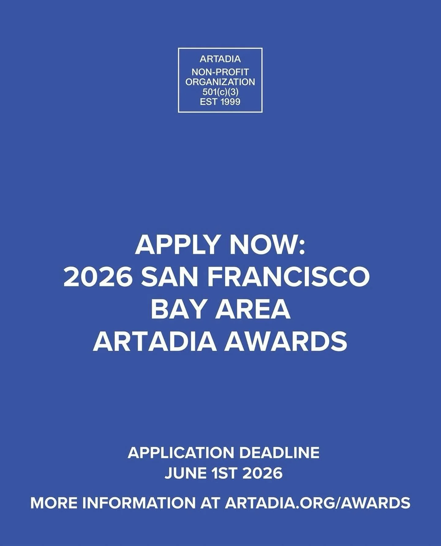 Artadia Awards are here! San Francisco Bay Area Application, May 1 &ndash; June 1, 2026

Eligibility: Applicants must be a contemporary visual artist, making artwork for presentation in a contemporary art context: museum, galleries, arts non-profit, 