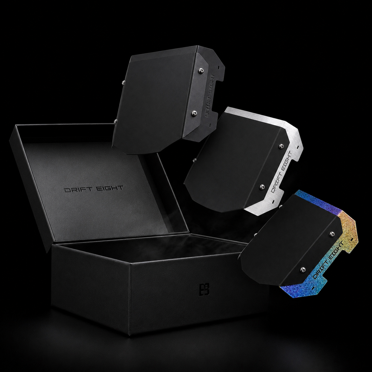 A black box labeled 'DRIFT EIGHT' with three black components marked 'DRIFT EIGHT' emerging from it, set against a plain black background.