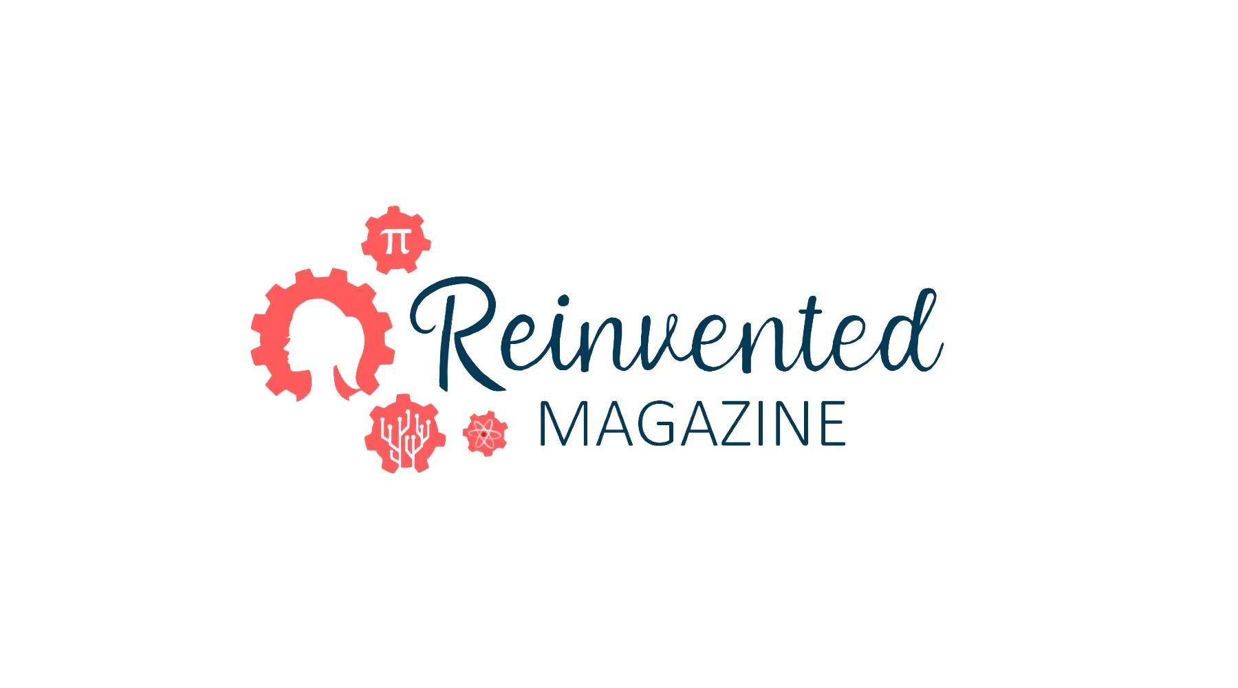 Logo of Reinvented Magazine featuring interconnected gears and scientific symbols in red, with the magazine name in elegant blue script and uppercase font.