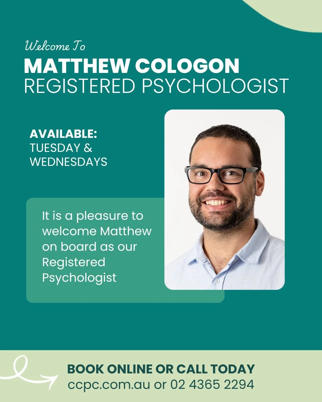 Meet Our New Registered Psychologist: Matthew Cologon 🌟

We&rsquo;re excited to welcome Matthew Cologon to our growing Allied Health team!

Matthew is a Registered Psychologist with over 10 years of experience supporting children, adolescents, and a