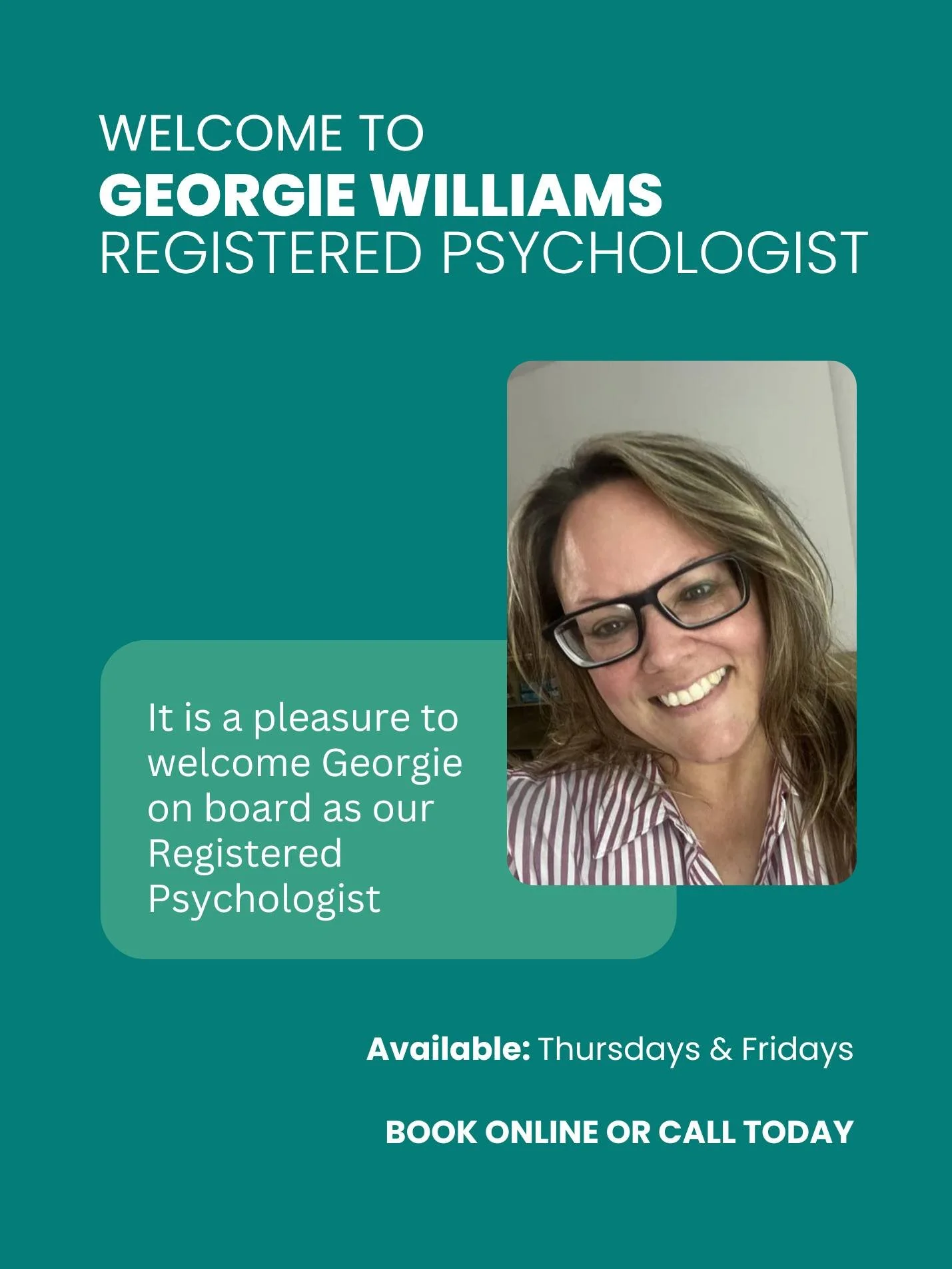 Meet Georgie &ndash; Our New Psychologist! 🌟

We&rsquo;re thrilled to welcome Georgie to our team! She supports children, adolescents, and adults, with experience in disability services, private practice, TMS, and occupational rehab.

Her focus area