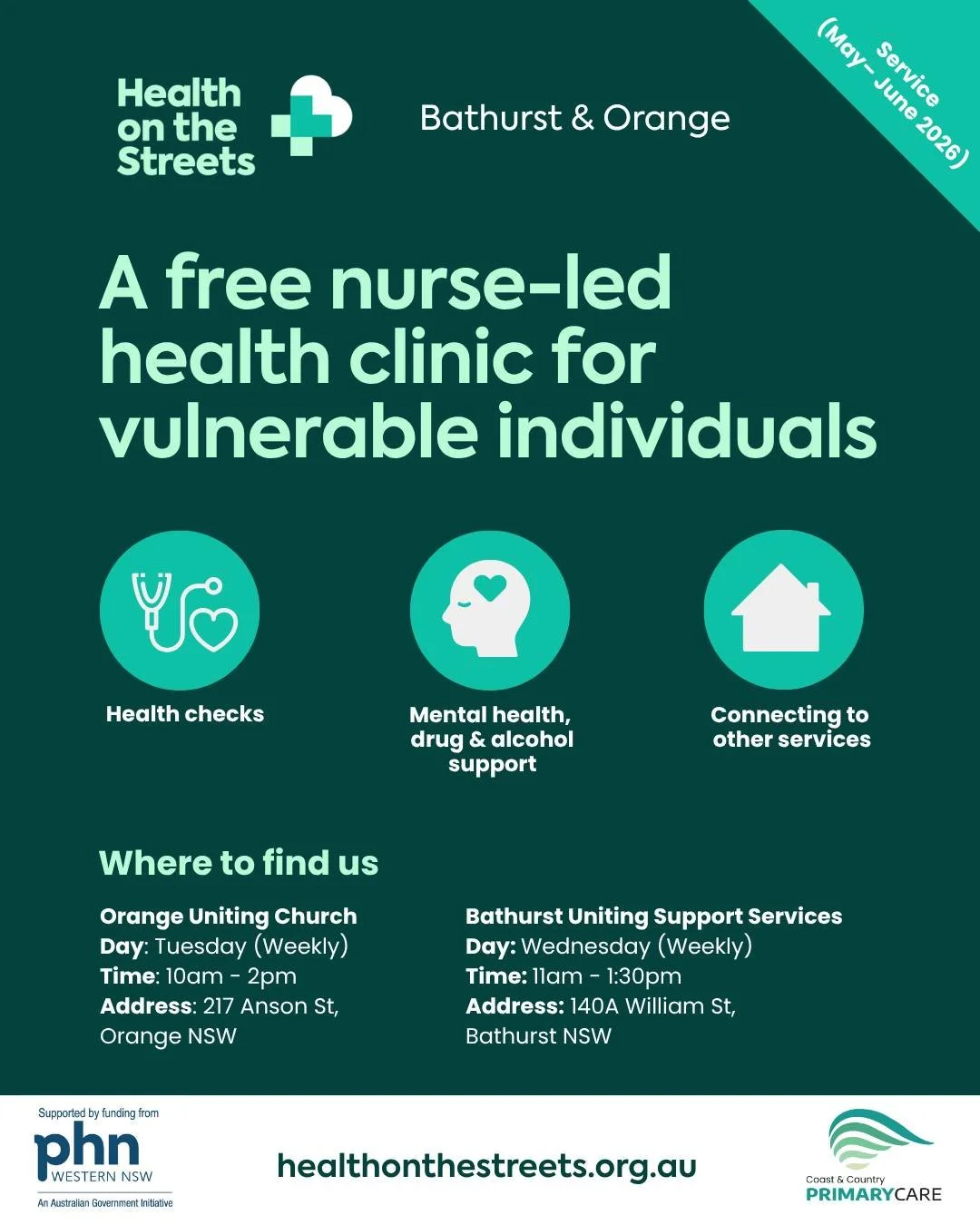 Bringing nursing-led primary care to vulnerable communities in Bathurst and Orange

We&rsquo;re proud to announce the launch of an eight-week pilot program delivering free, nurse-led primary care to people experiencing, or at risk of, homelessness in