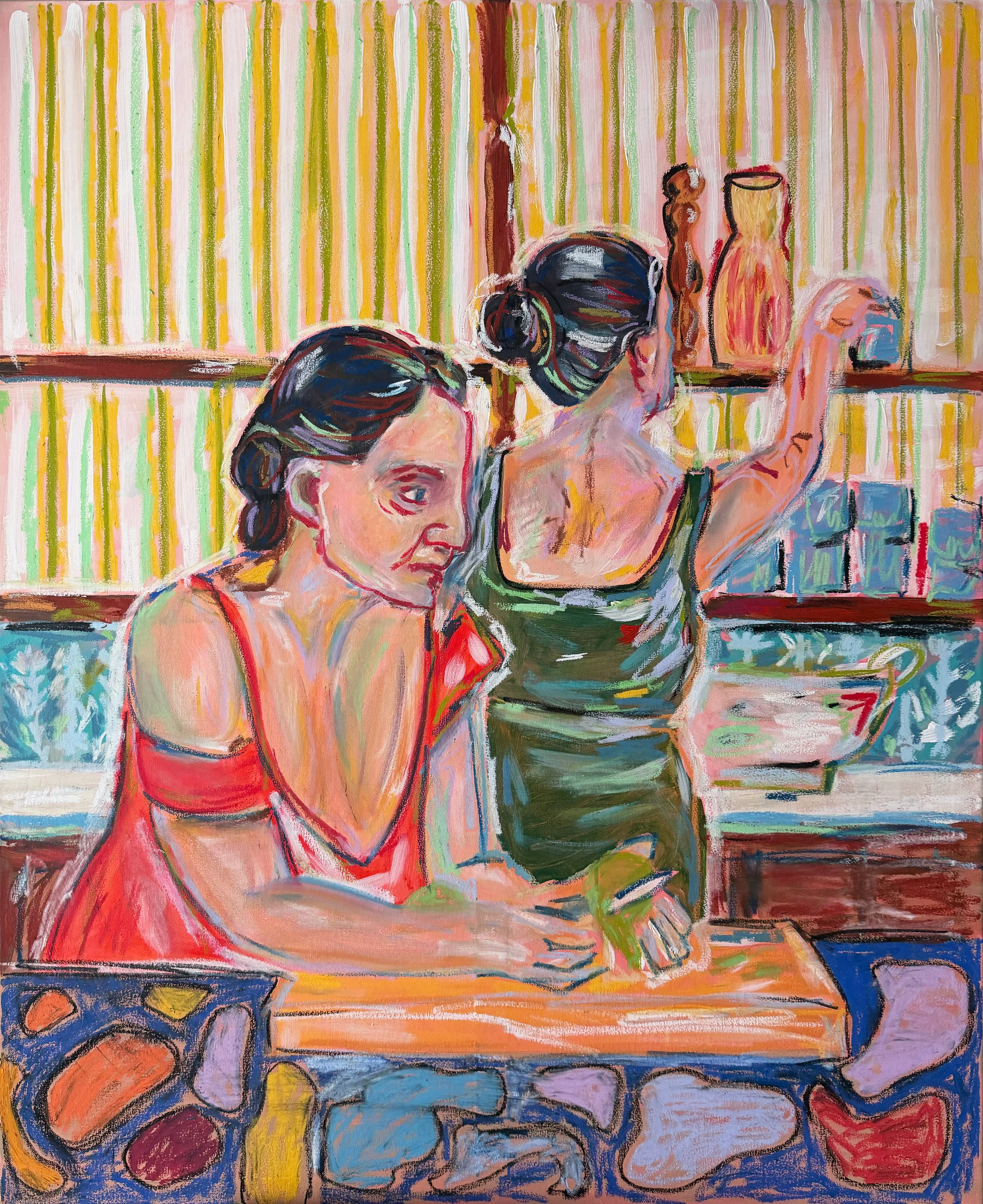 In The Kitchen - 
The kitchen has long been a sanctuary of quiet communion. In this piece, the vibrant, layered space becomes a vessel for the profound, unspoken connection between a mother and daughter. There is a comfortable rhythm to their shared 