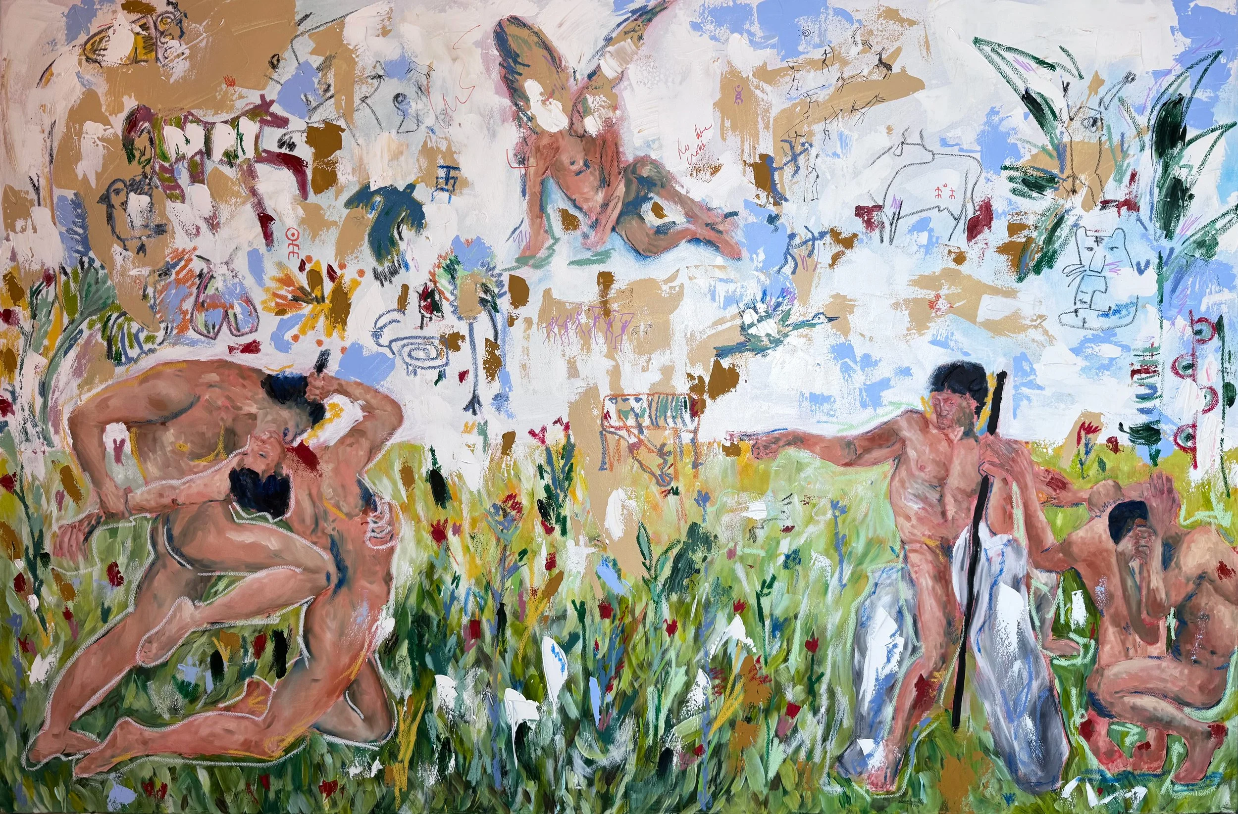 Triangle - This painting explores humanity as nature’s wildest creature, confronting violence, spectacle, shame, and denial through a contemporary reimagining of classical symbolism. Surrounded by an angel and the ghosts of extinct animals, the figur
