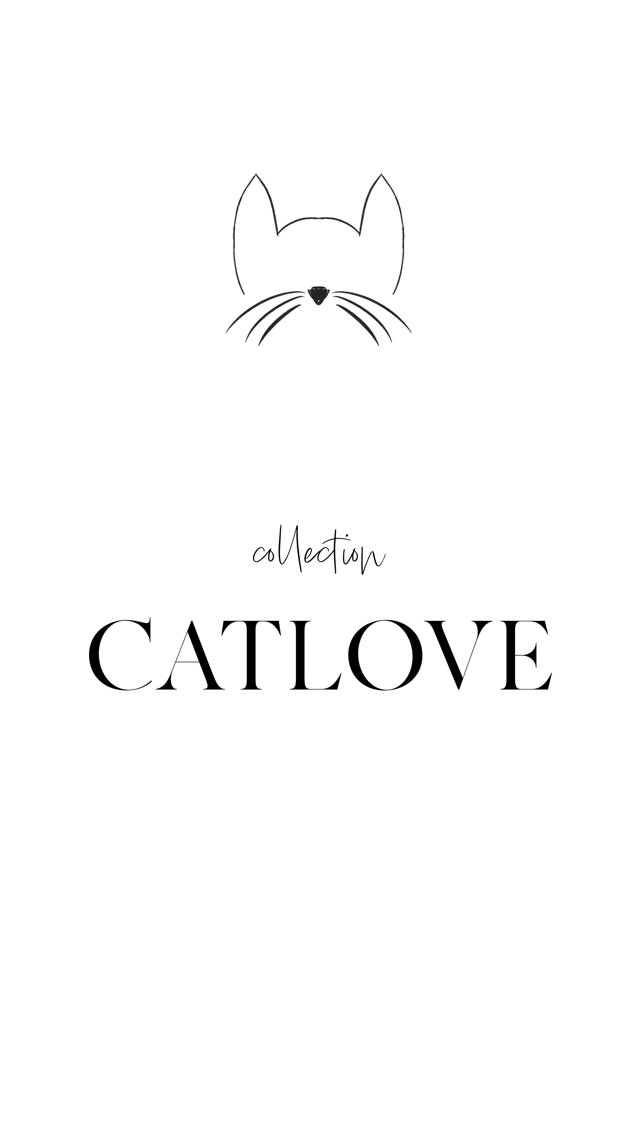 Schwarz-weiße minimalistische Illustration einer Katzenkopfzeichnung mit eingezeichneten Ohren, Schnurrhaaren und kleiner Schnauze, darunter die Worte 'collection CATLOVE' in stilvoller Schrift.