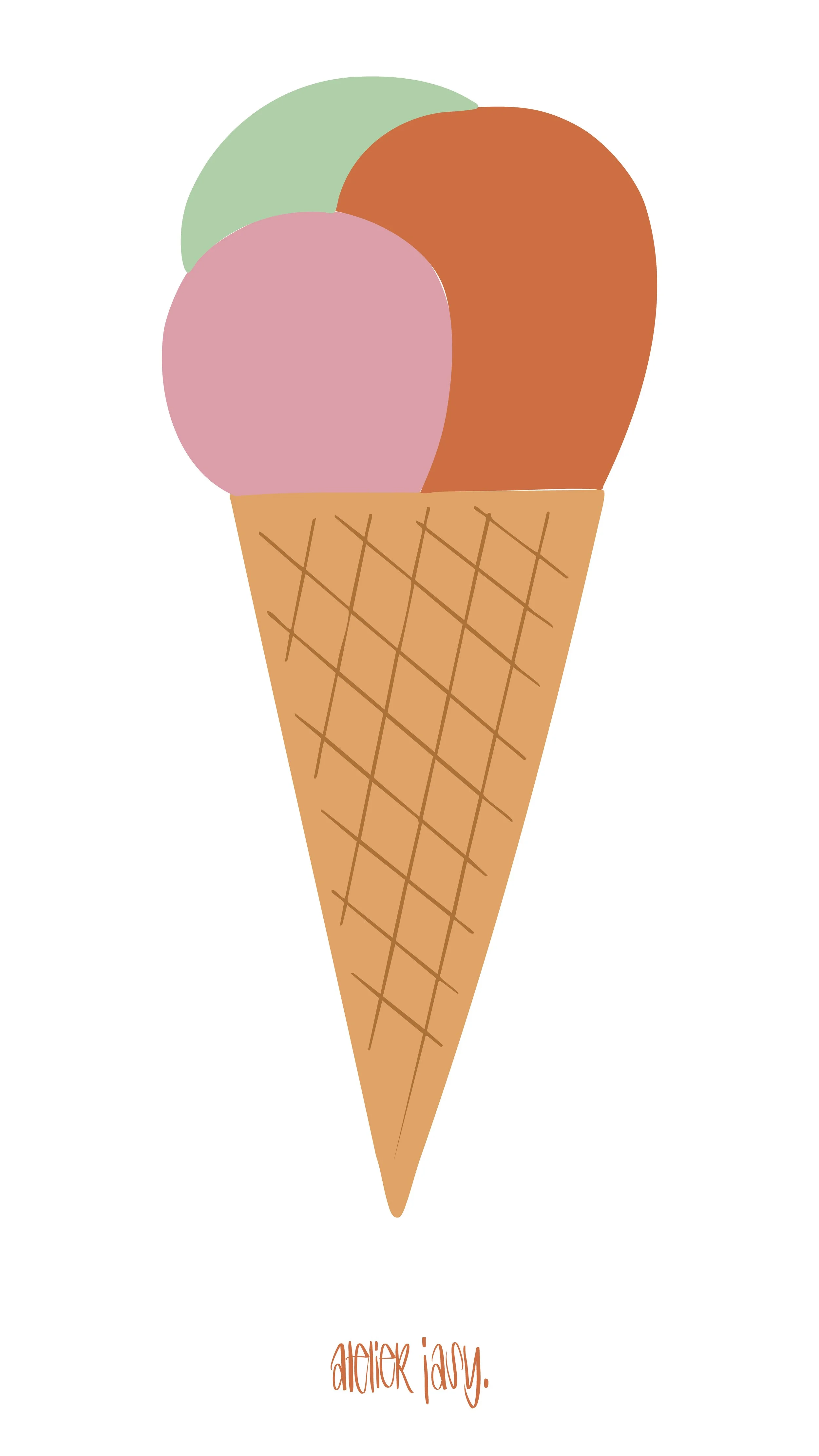 Eine Illustration einer Eiswaffel mit drei Kugeln Eis in den Farben Pistache, Rosa und Dunkelorange. Darunter steht die Marke atelier jasy.