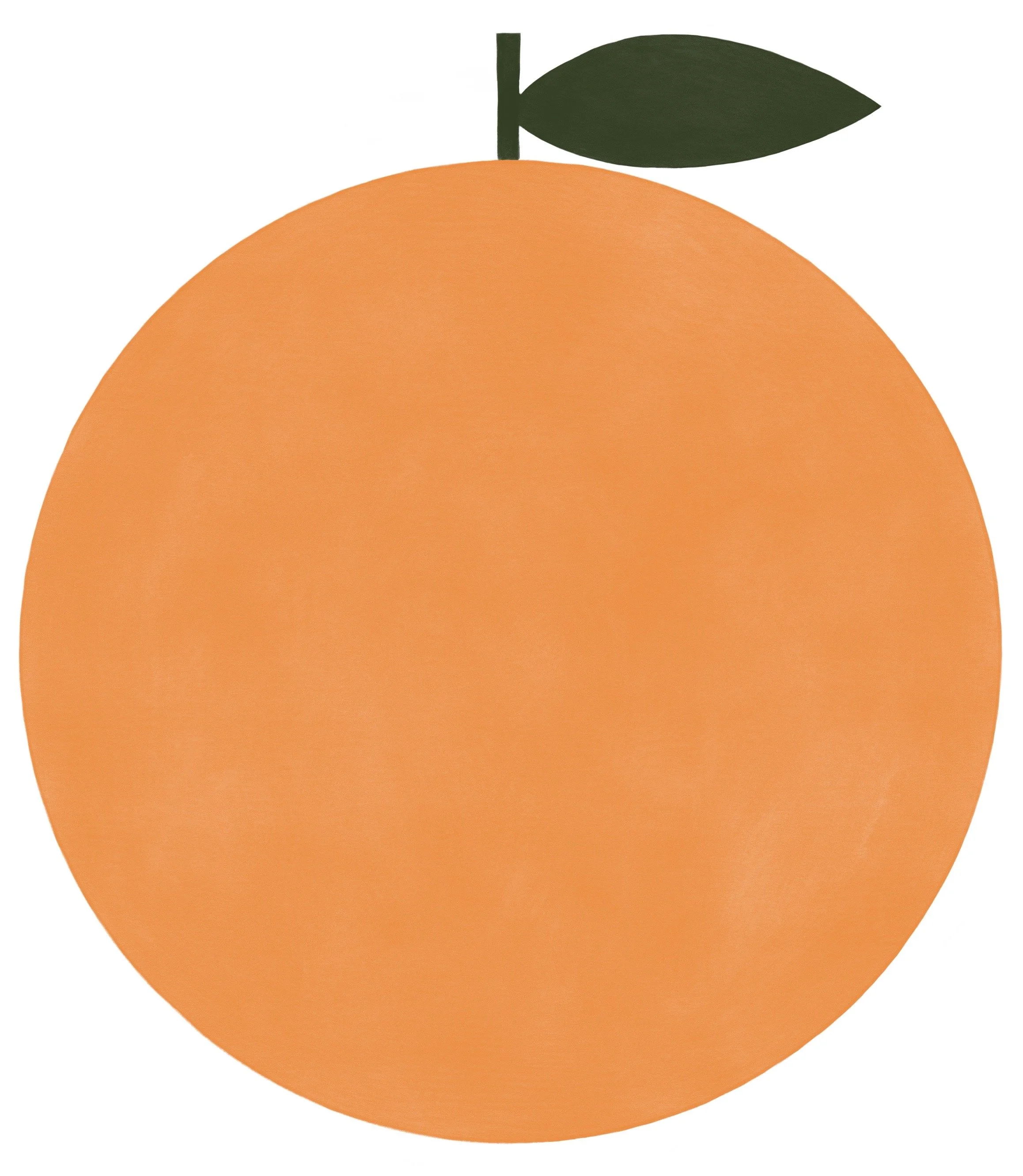 Eine minimalistische Illustration einer Orangenfrucht mit grünem Blatt an der Spitze.