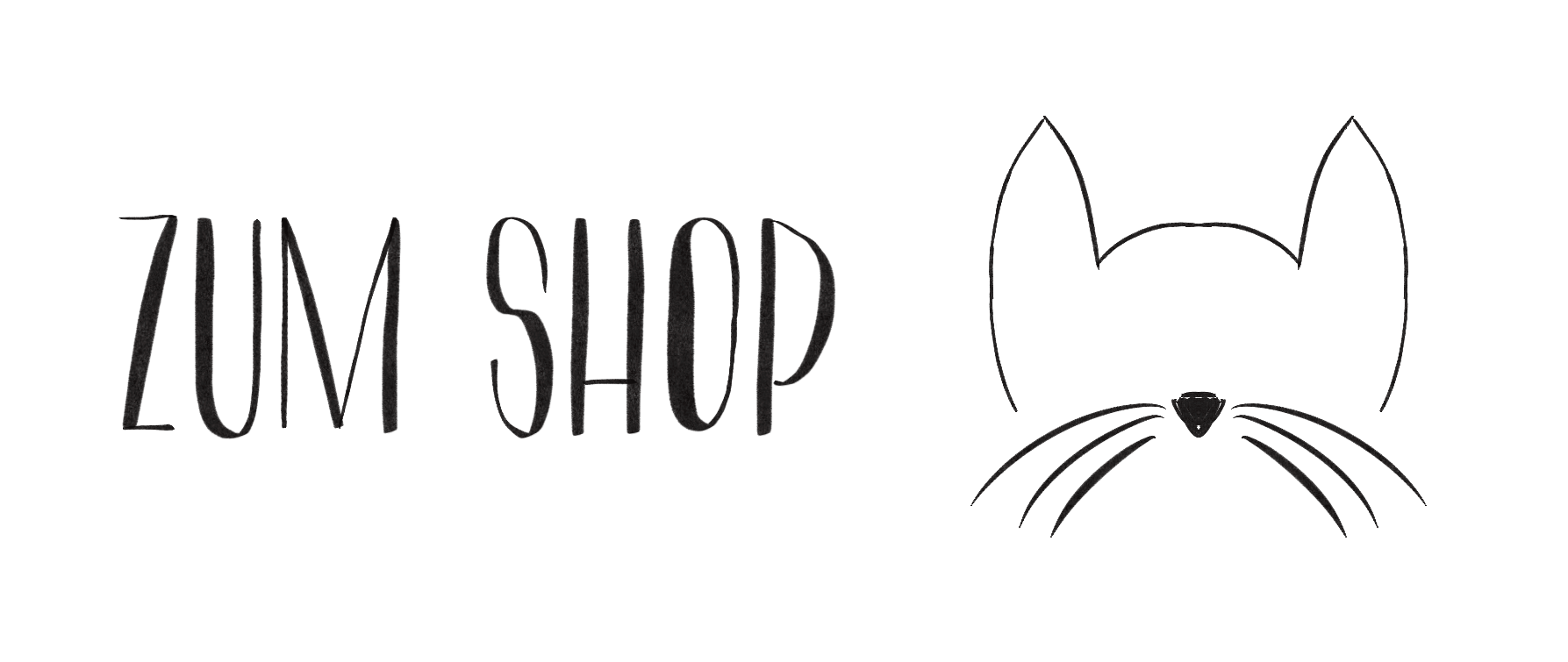 Schwarzer Hintergrund mit weißen Texten: "ZUM SHOP" und einem stilisierten Katzenkopf, der nur die Konturen zeigt.