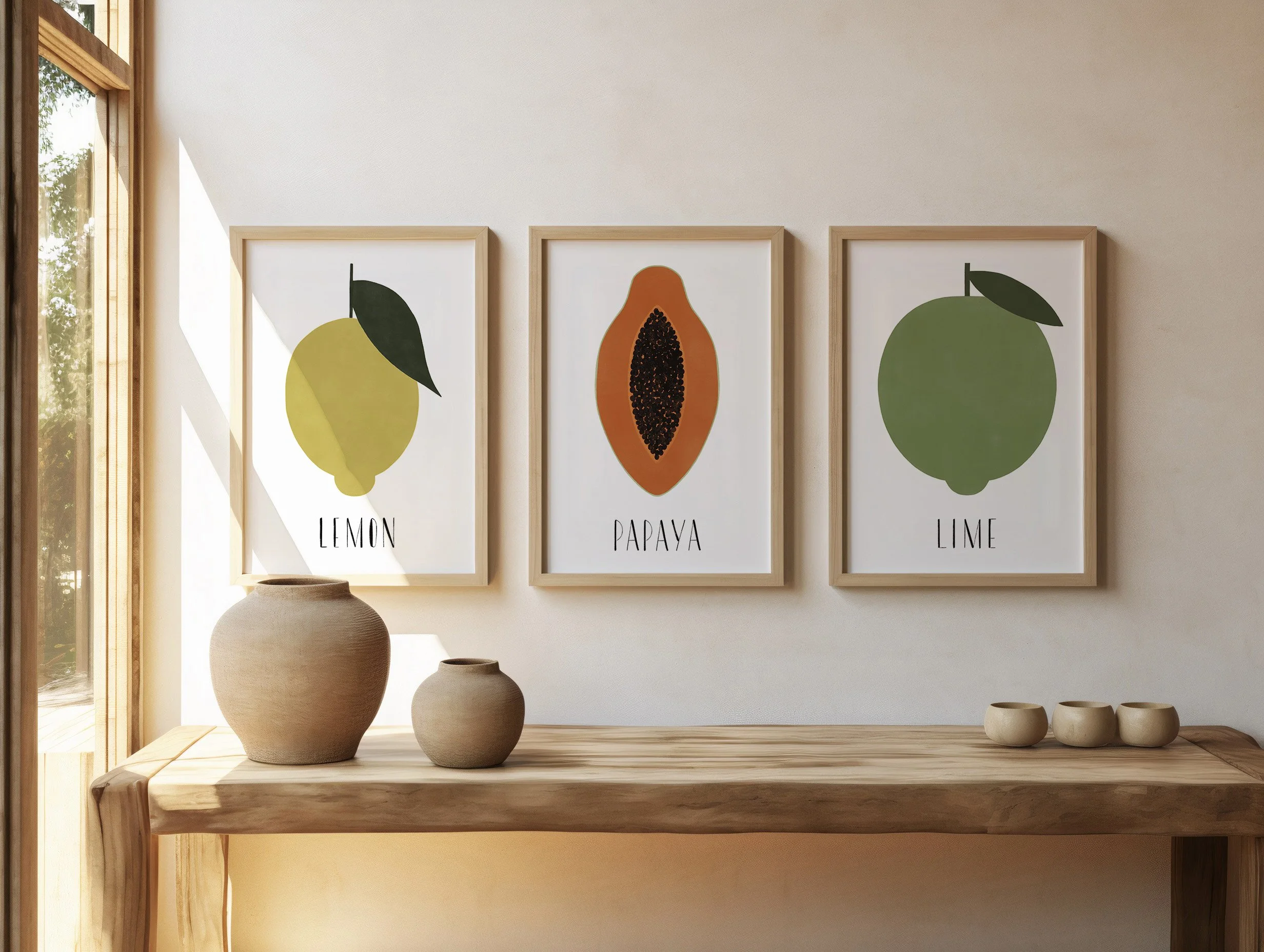 Drei stilisierte Früchte-Bilder in Holzrahmen, von links nach rechts: Zitrone, Papaya, Limette, hängen an einer weißen Wand.