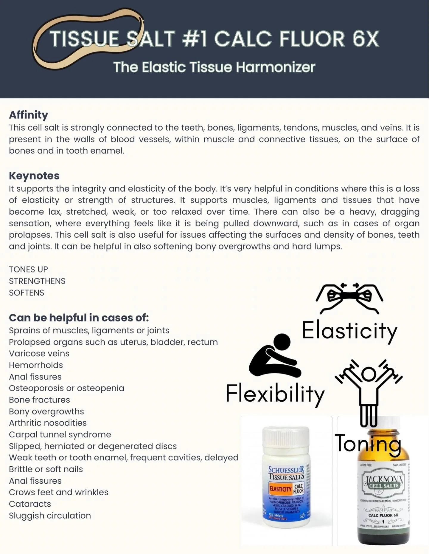 Cell Salt / Tissue Salt Series by popular request! 

We&rsquo;re starting at the beginning with Tissue Salt #1: Calc Fluor 6X (or 12X). There are 12 tissue salts in total, and we&rsquo;ll be exploring each one in this series, stay tuned for more. 

F