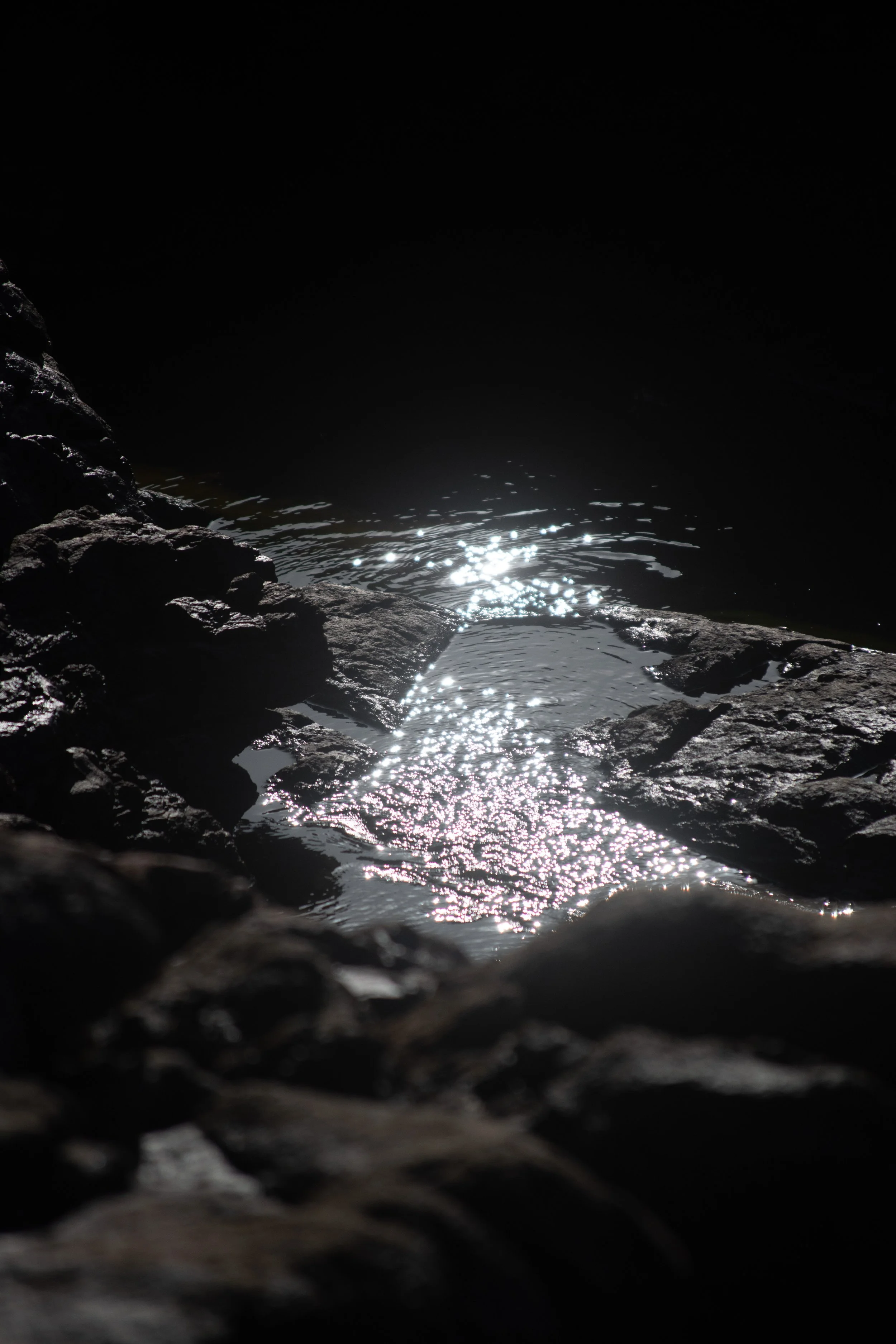 Rock-pools, with sunlight reflecting off the water surface.
